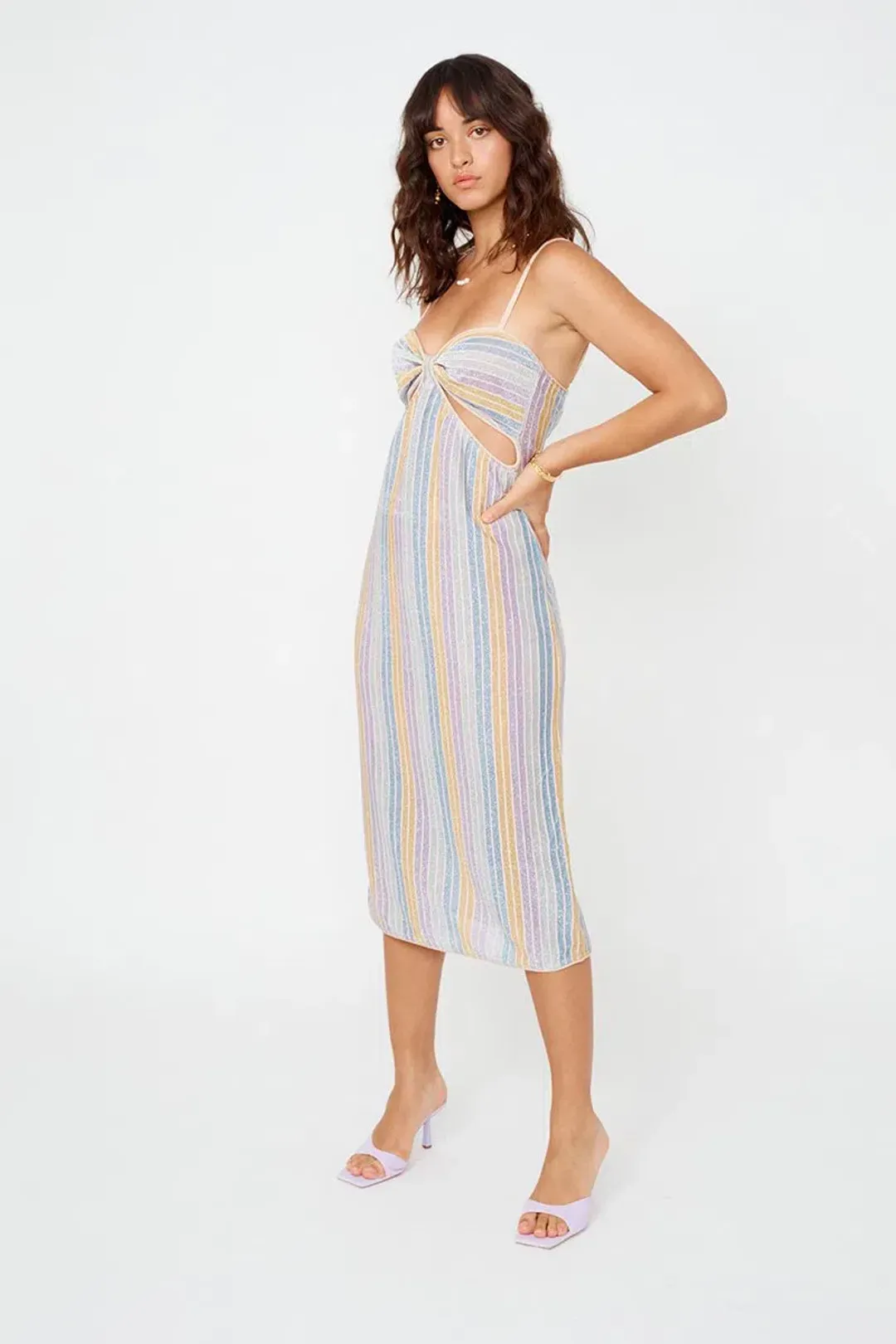 Suboo Elise Cut Out Midi Dress Lilac Stripe Metallic Size AU 8 for rent on The Volte - main image