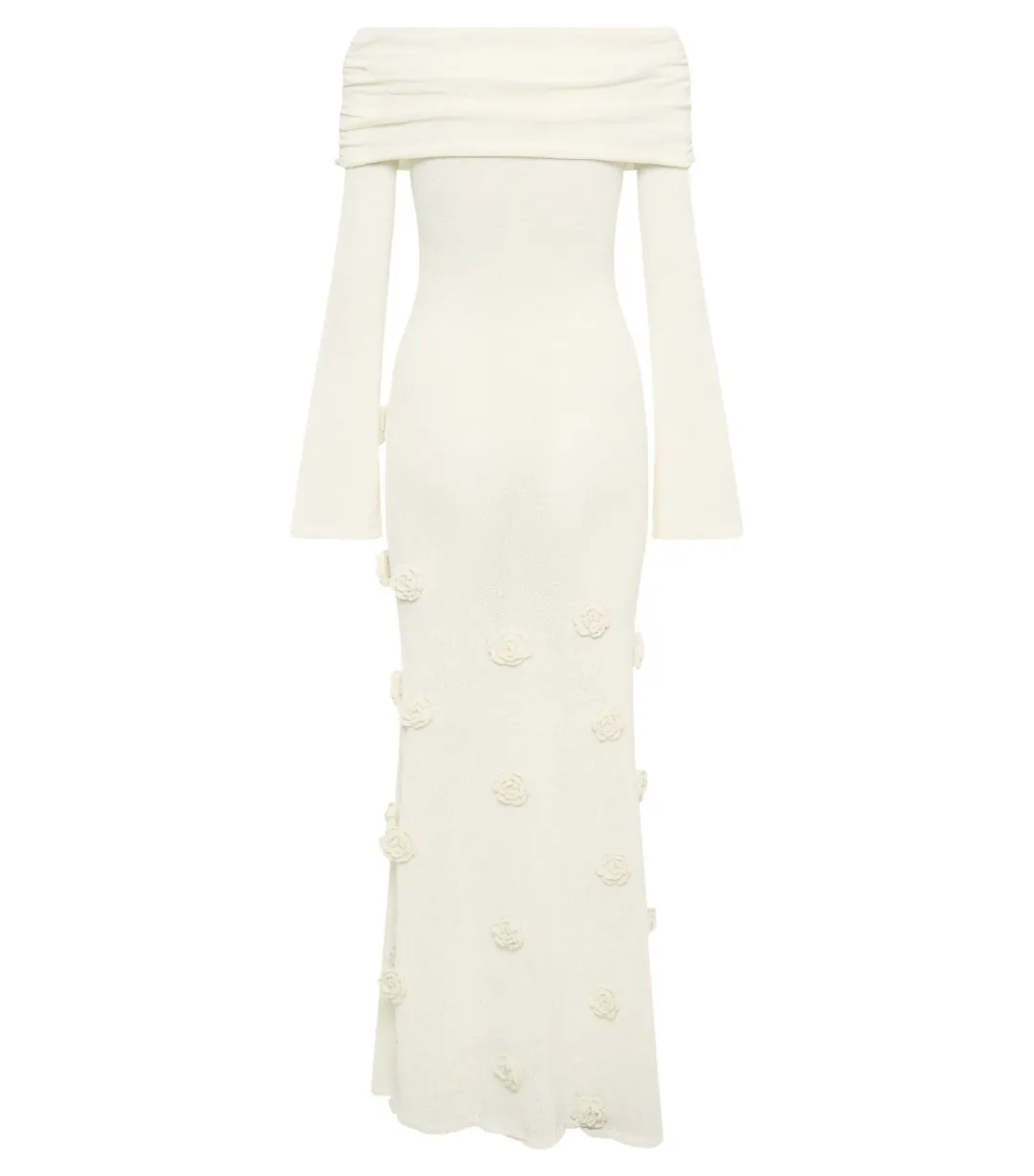 Meshki Kiki Off Shoulder Knit Rose Maxi Dress Ivory Size XS / AU 6 for rent on The Volte - main image