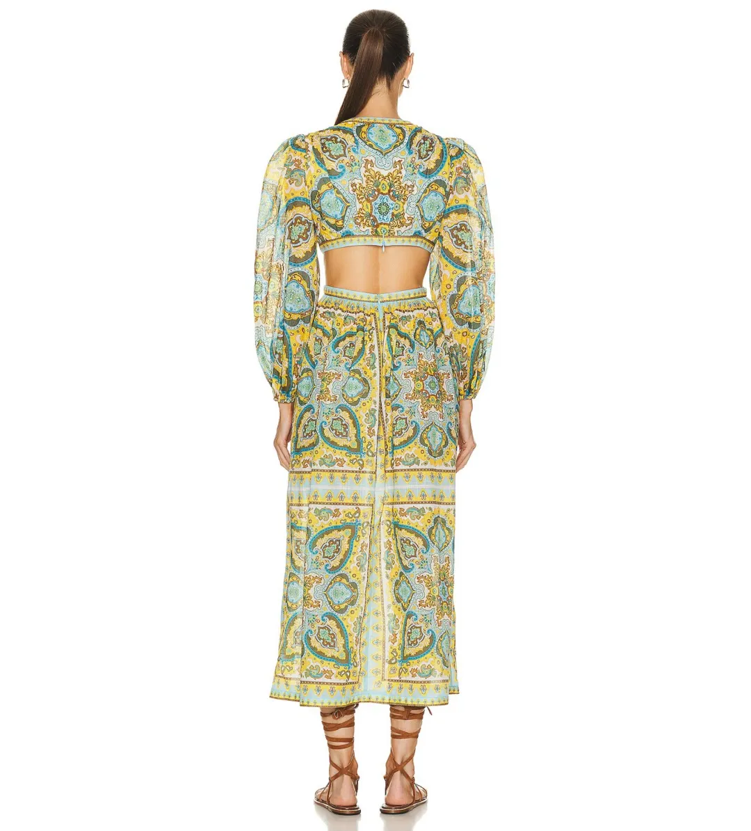 Zimmermann Halcyon Tie Front Midi Dress Blue Yellow Paisley Size  12 for rent on The Volte - main image