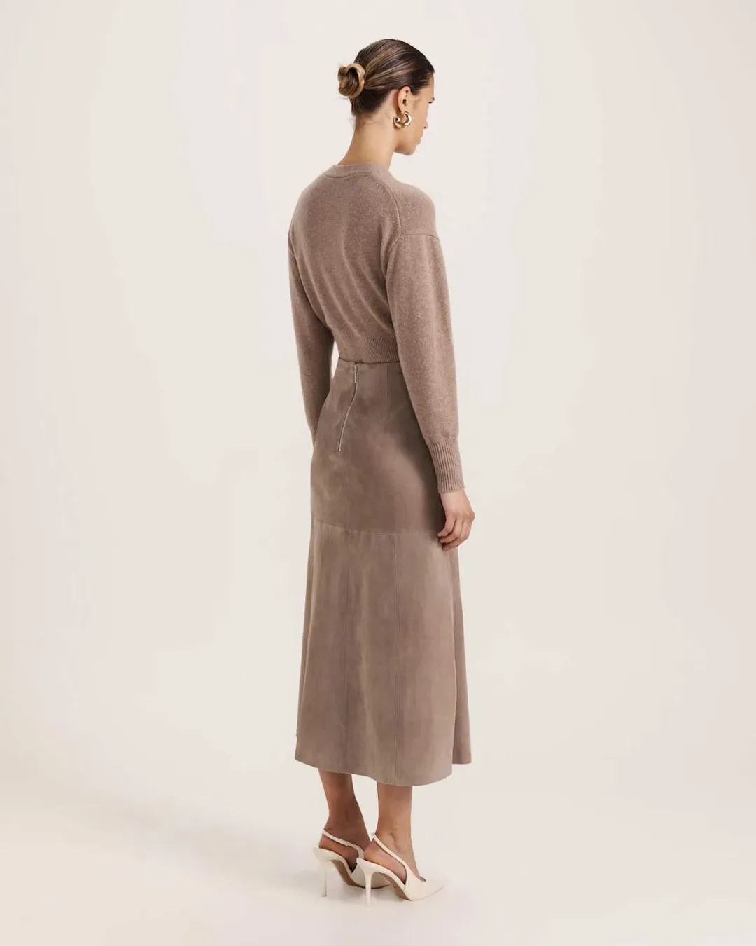 Saba Nadia Suede Leather Midi Skirt Mink Size AU 6 for rent on The Volte - main image