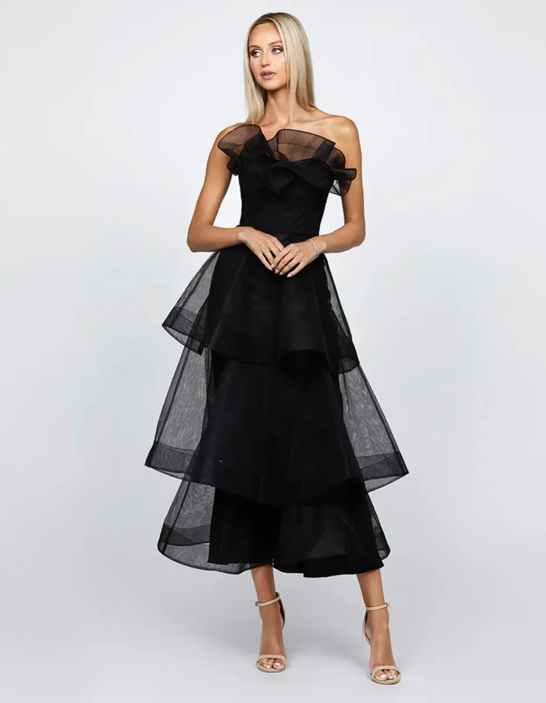 Barino Kascade Tiered Ruffle Midaxi Midi Black Size AU 10 for rent on The Volte - main image