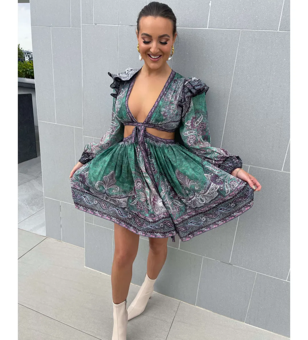 Zimmermann Anneke Ruffle Mini Dress Teal Paisley Size 0P/AU 6P for rent on The Volte - main image