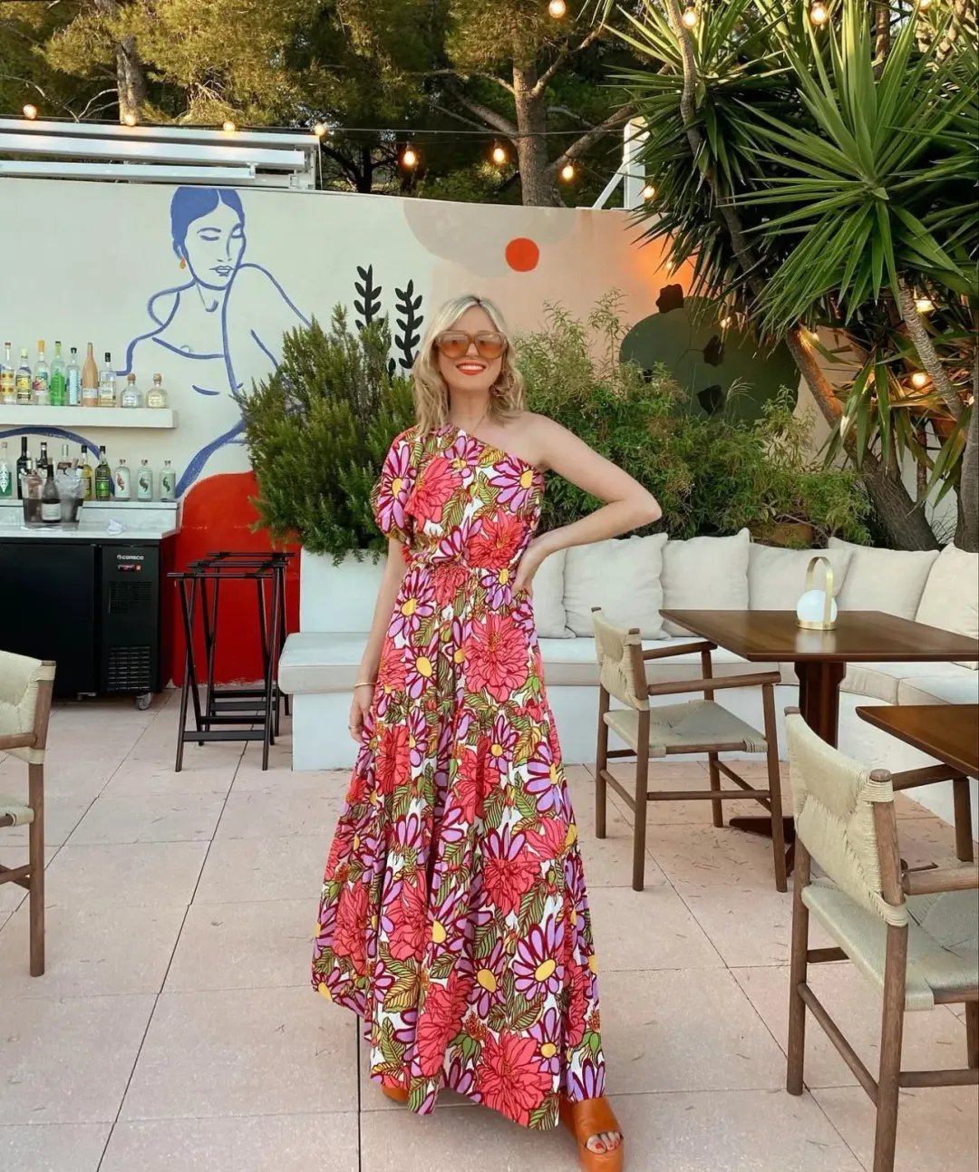 S/W/F Frida One Shoulder Puff Sleeve Maxi Dress Floral Pink Size L / Au 14 for rent on The Volte - main image