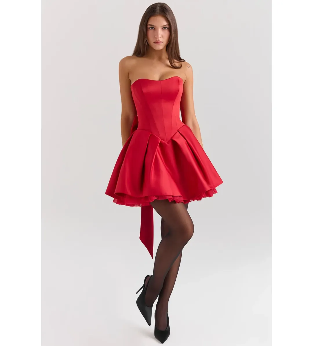 House Of CB Salome Satin Detachable Bow Mini Dress Holly Red Size L/AU 12 for rent on The Volte - main image