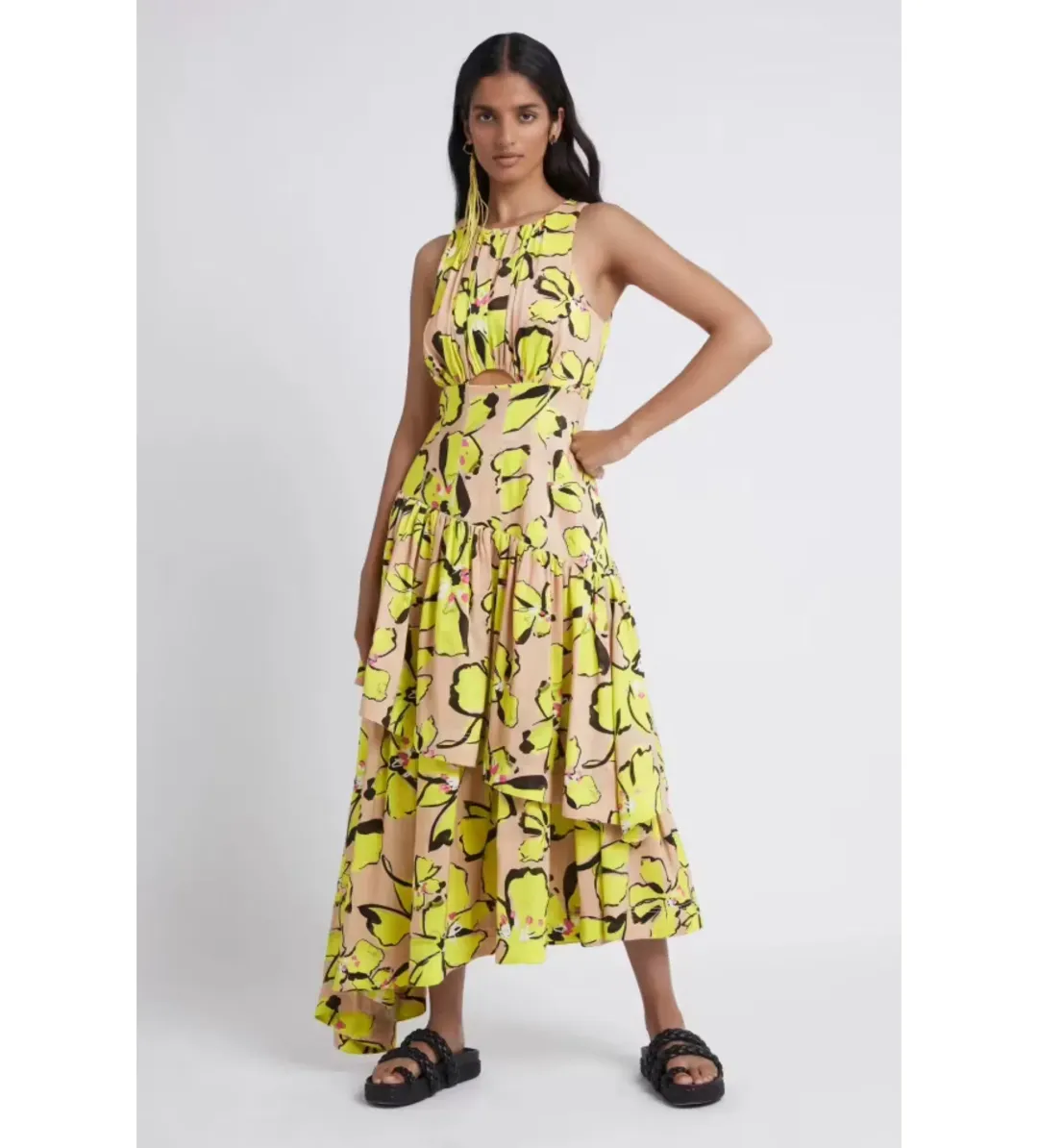 Aje Pelicano Citrus Bloom Racer Back Tiered Asymmetric Maxi Dress Print Size AU 8 for rent on The Volte - main image
