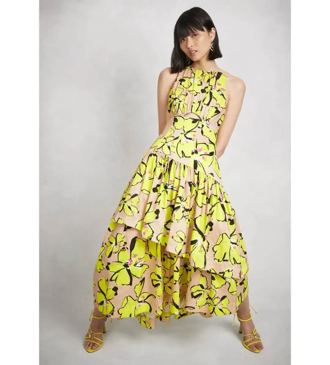 Aje Pelicano Citrus Bloom Racer Back Tiered Asymmetric Maxi Dress Print Size AU 8 for rent on The Volte - main image