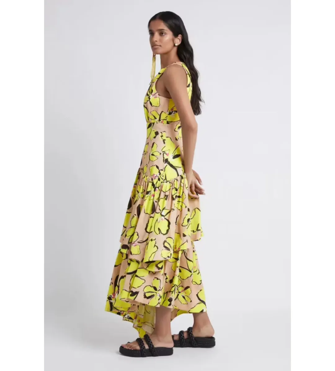 Aje Pelicano Citrus Bloom Racer Back Tiered Asymmetric Maxi Dress Print Size AU 8 for rent on The Volte - main image