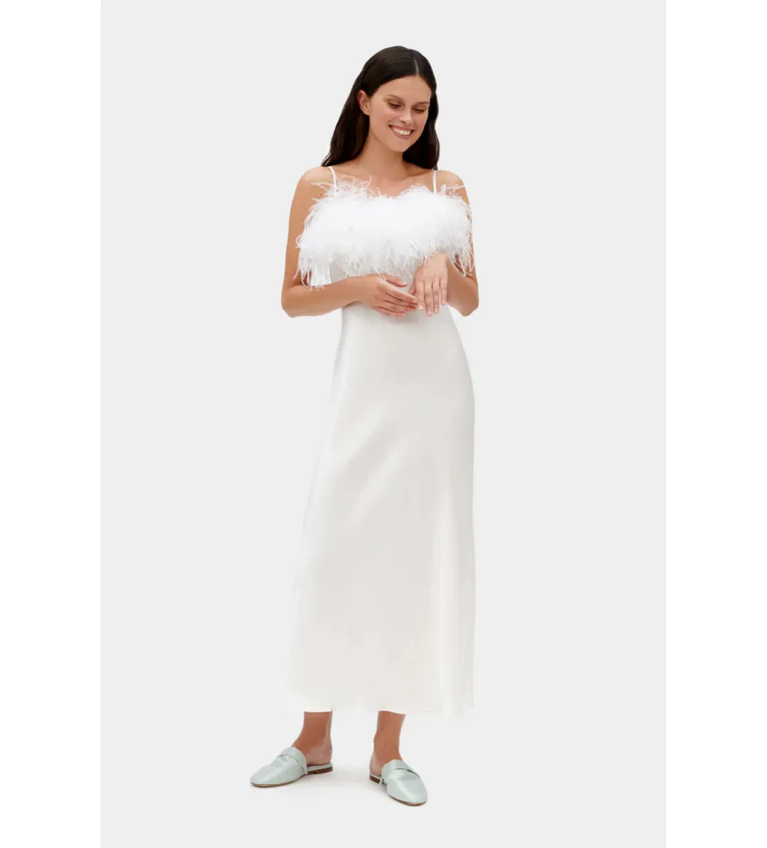 Sleeper Boheme Slip Midi Dress with Feathers in White Size 8 for rent on The Volte - main image