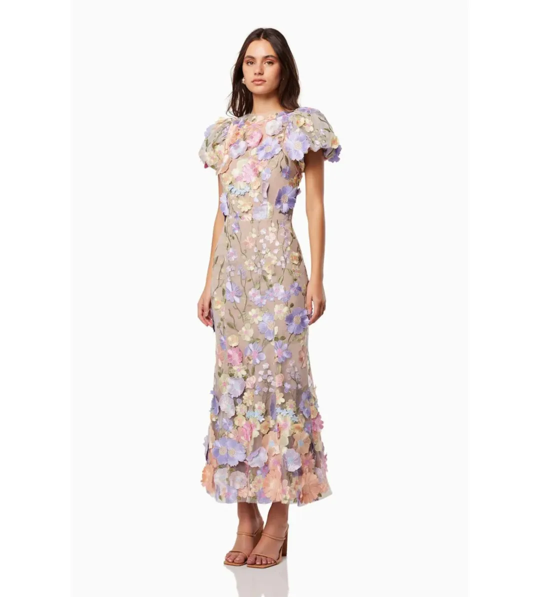 Elliatt Asterea 3D Pastel Floral Midi Gown in Pink Size S/ AU 8 for rent on The Volte - main image