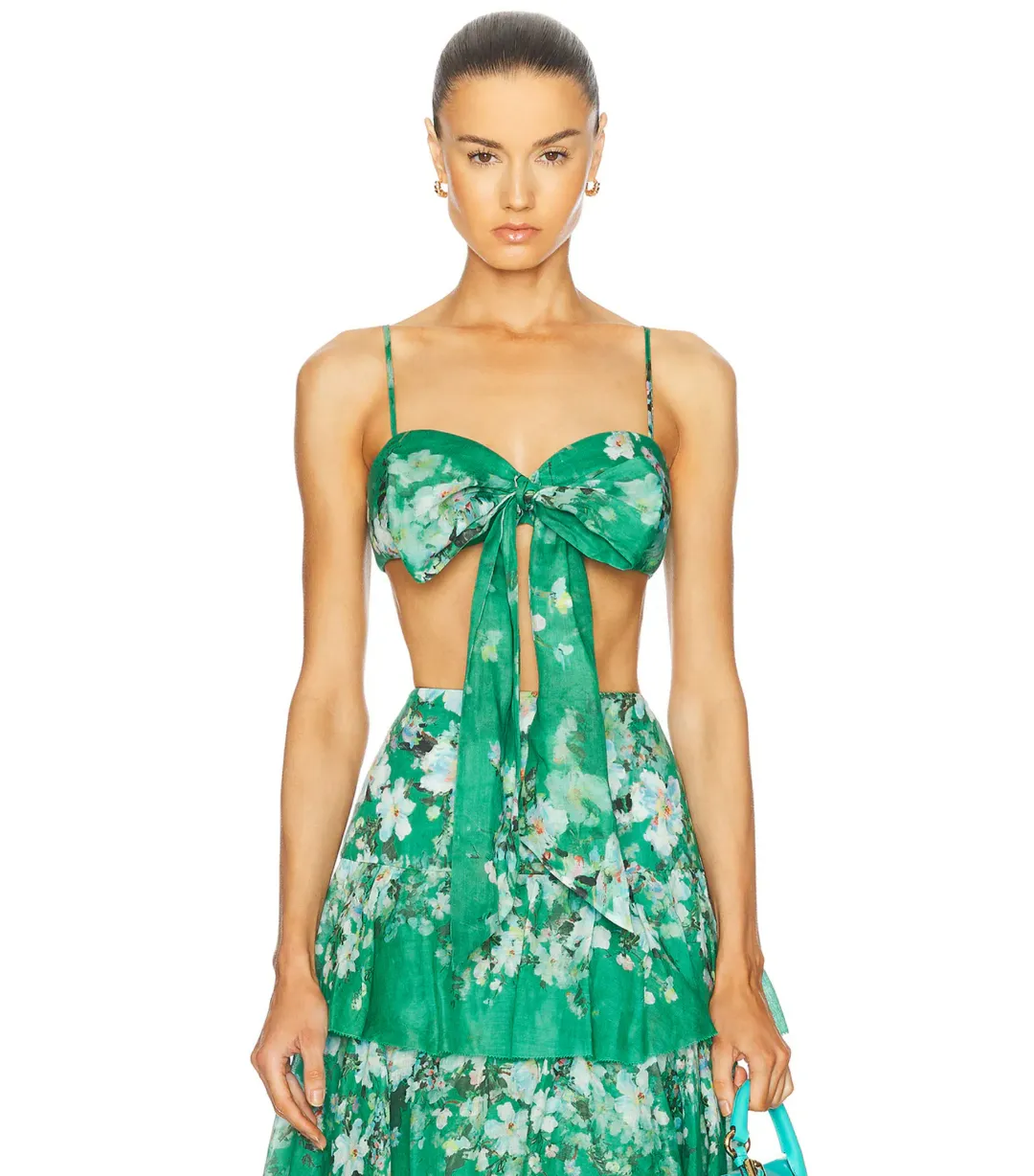 Zimmermann Everley Draped Bow Bralette and Tiered Midi Skirt Set in Green Watercolour Floral Size 8/XS for rent on The Volte - main image