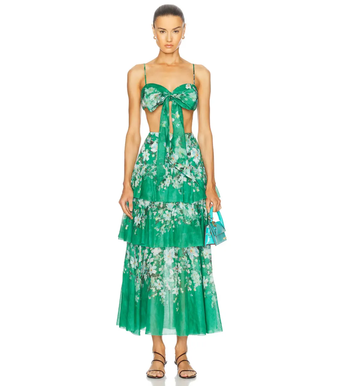 Zimmermann Everley Draped Bow Bralette and Tiered Midi Skirt Set in Green Watercolour Floral Size 8/XS for rent on The Volte - main image
