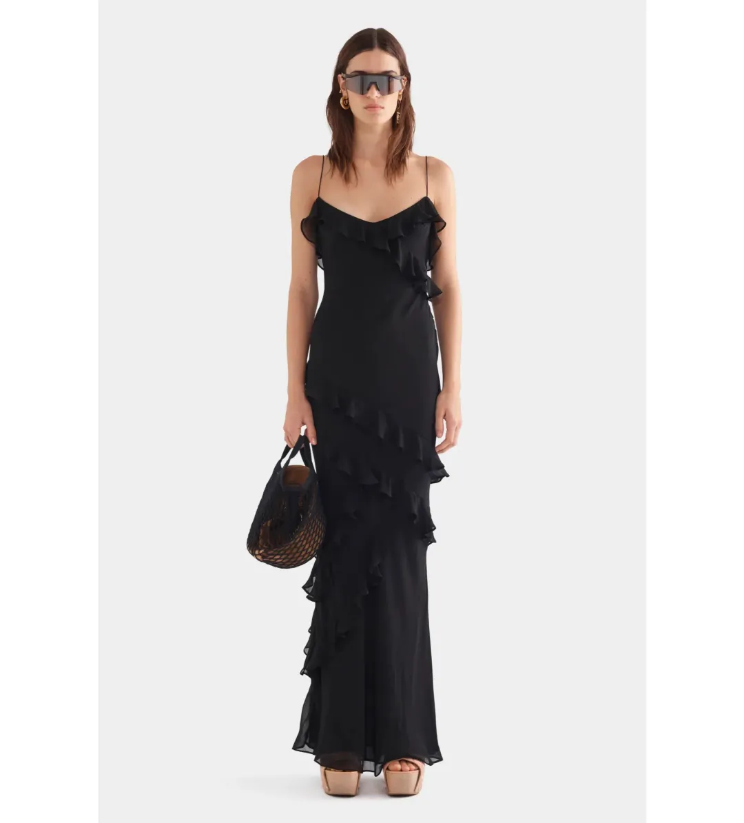 Venroy Silk Ruffle Slip Dress in Black Size AU 8 for rent on The Volte - main image