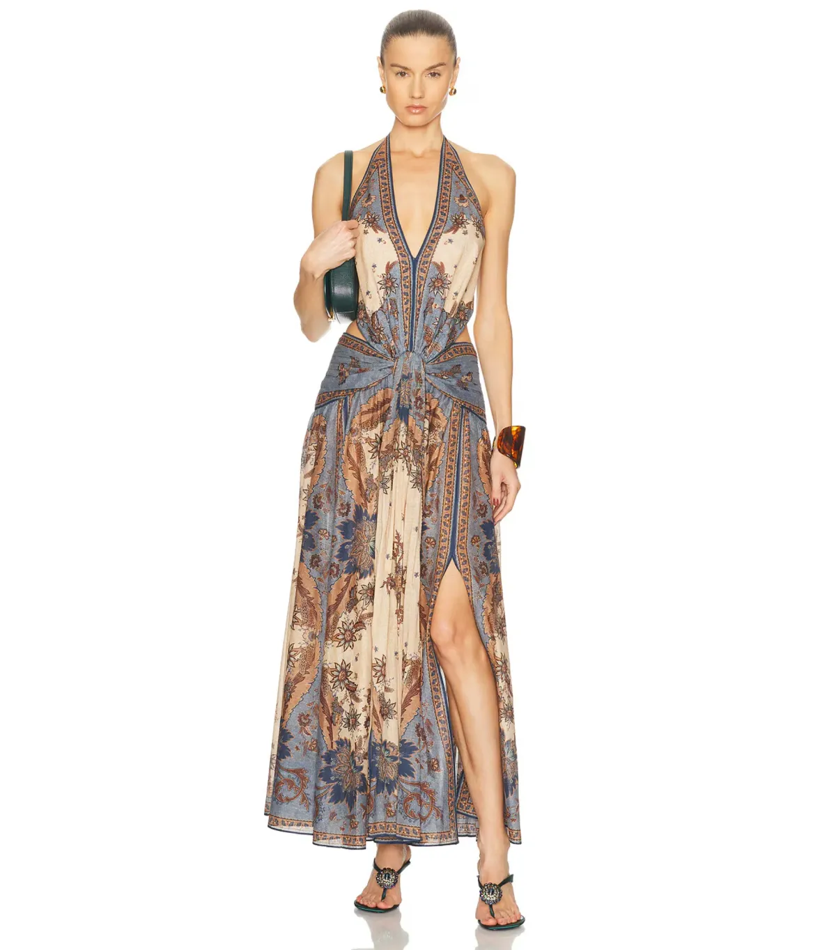 Zimmermann Ascension Plunge Halter Maxi Dress in Blue/Cream Indienne Floral Size 0 / AU 8 - Image 1