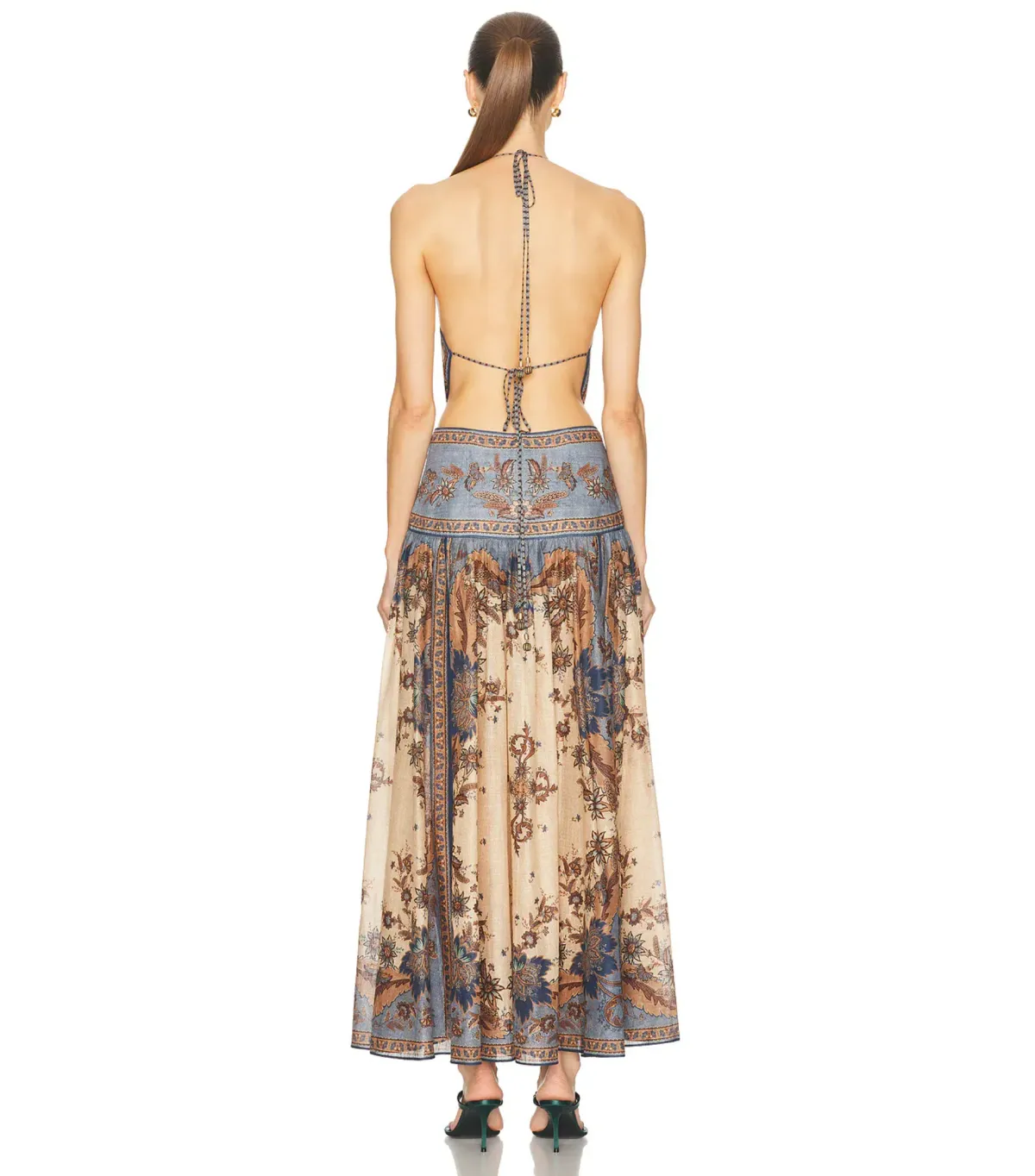 Zimmermann Ascension Plunge Halter Maxi Dress in Blue/Cream Indienne Floral Size 0 / AU 8 - Image 3