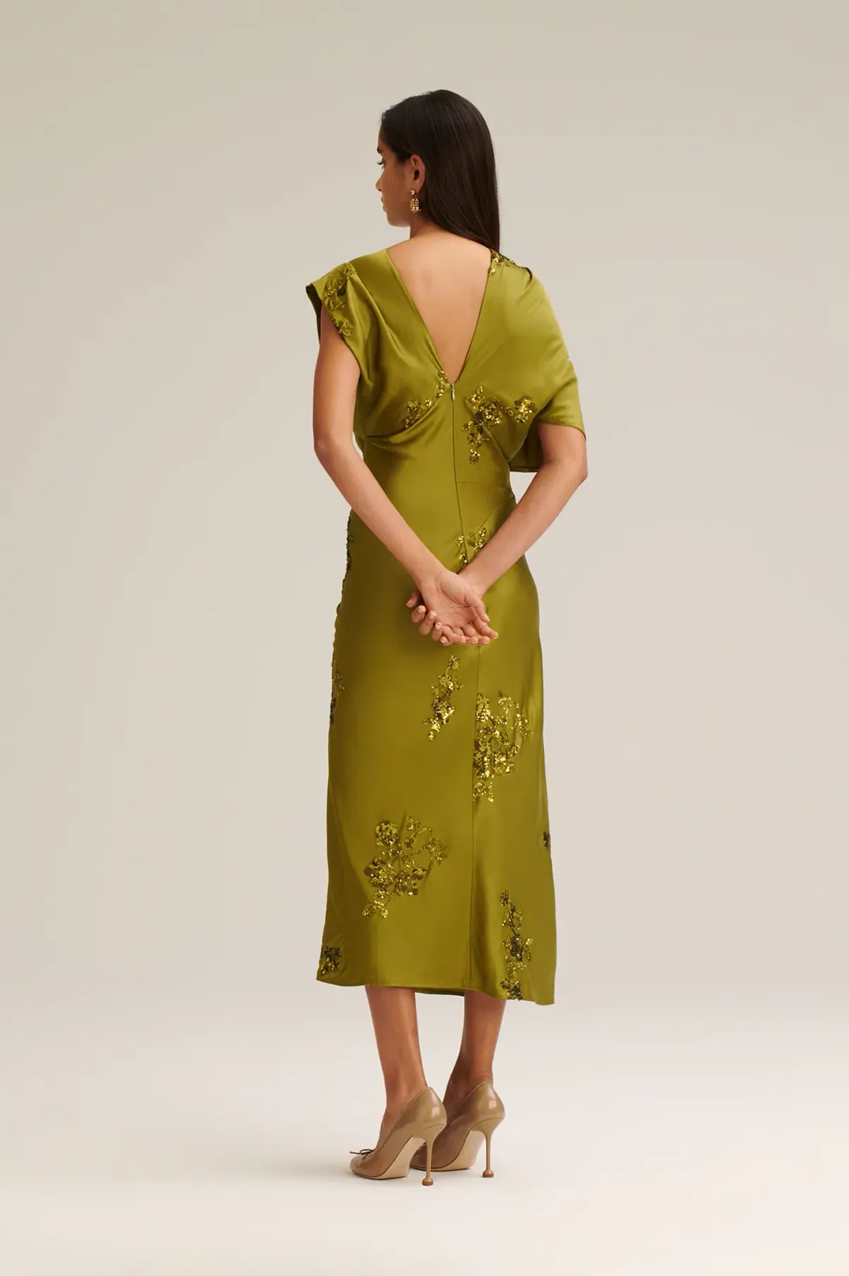Scanlan Theodare Beaded Satin Draped Dress in Green Size 10 - Image 2