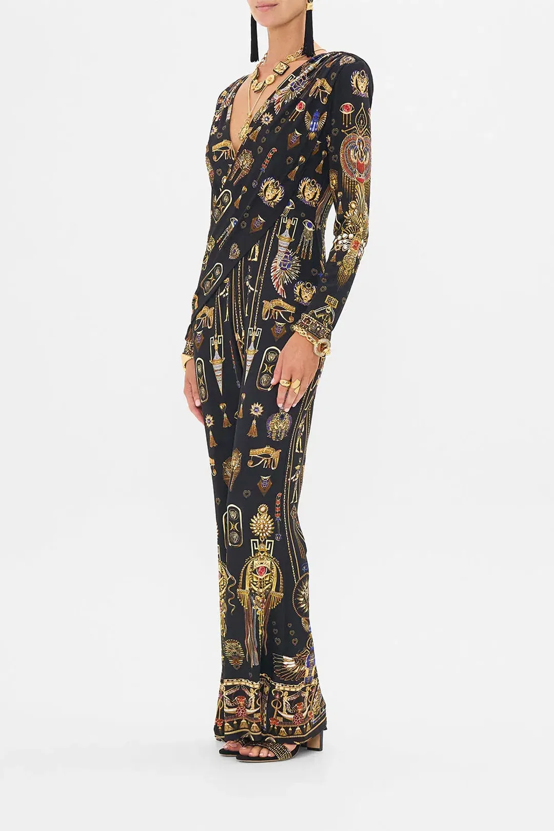 Camilla Draped V Neck Jersey Flared Jumpsuit Multi Print Size 12 for rent on The Volte - main image
