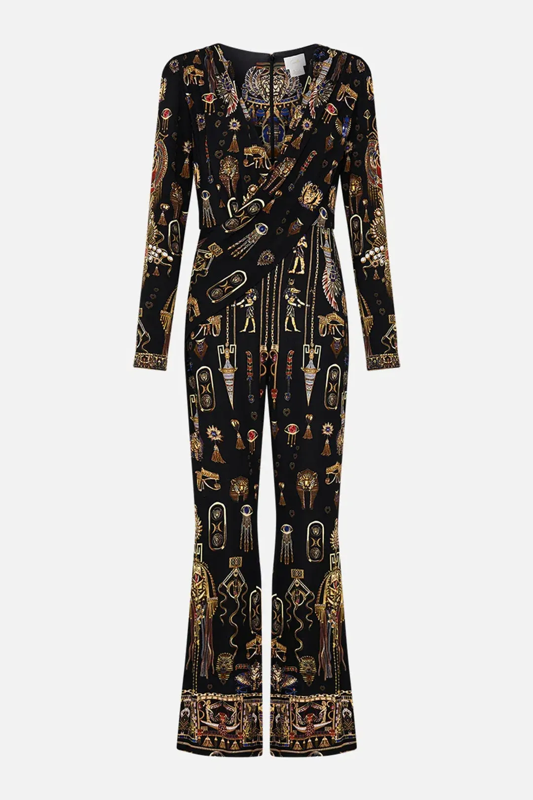 Camilla Draped V Neck Jersey Flared Jumpsuit Multi Print Size 12 for rent on The Volte - main image