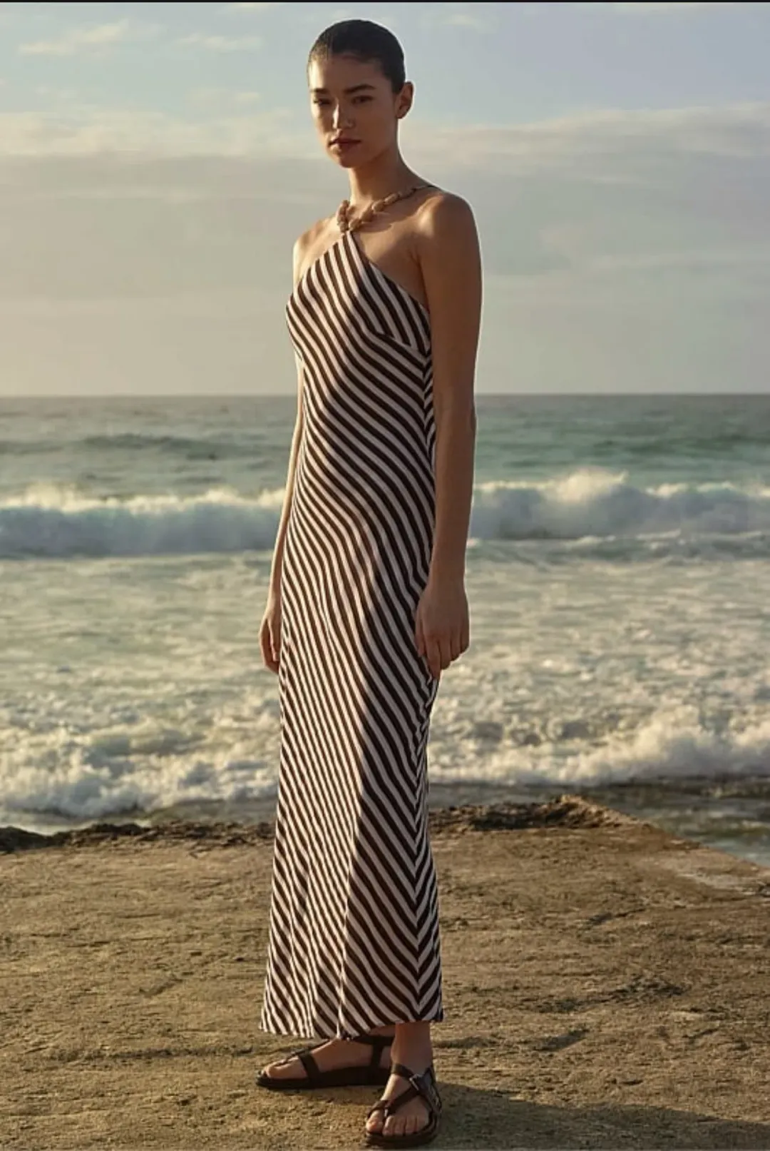 Witchery Brown and White Stripe Halter Dress Size 4 for rent on The Volte - main image