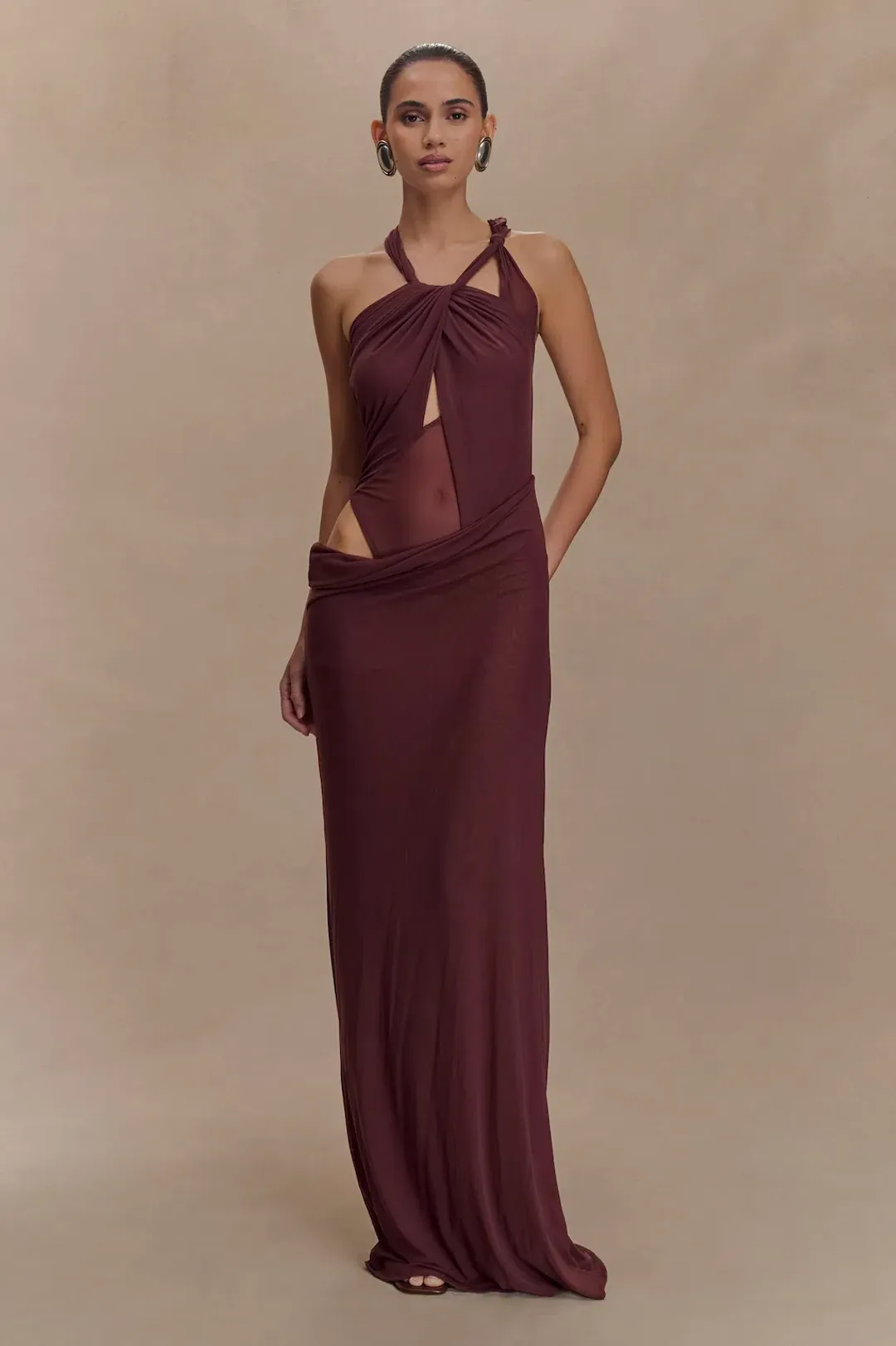 Meshki Edwina Knotted Mesh Maxi in Brown Size 8/S for rent on The Volte - main image
