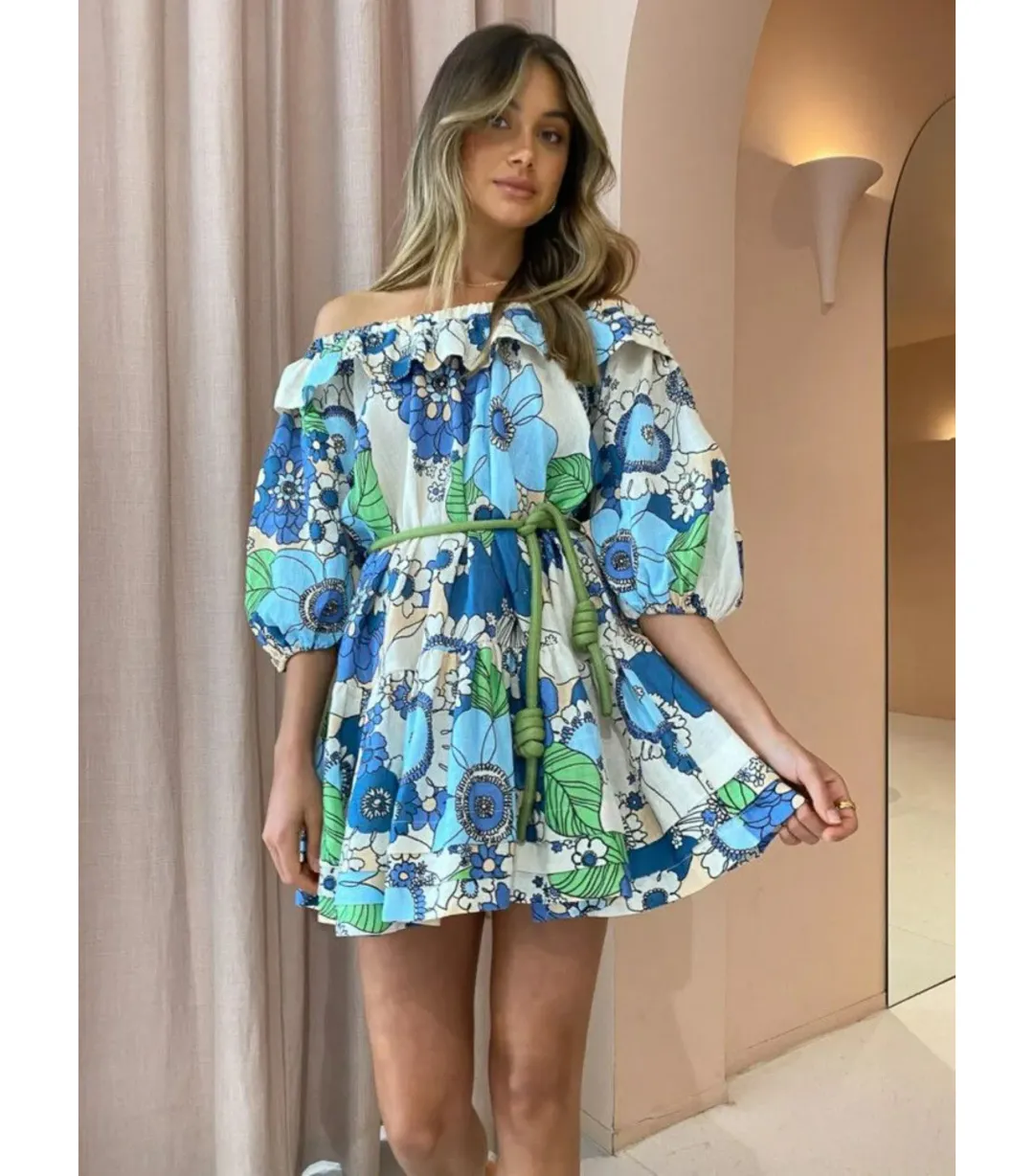 Alemais Farrah Ruffle Mini Dress Blue Floral Size  AU 10 for rent on The Volte - main image