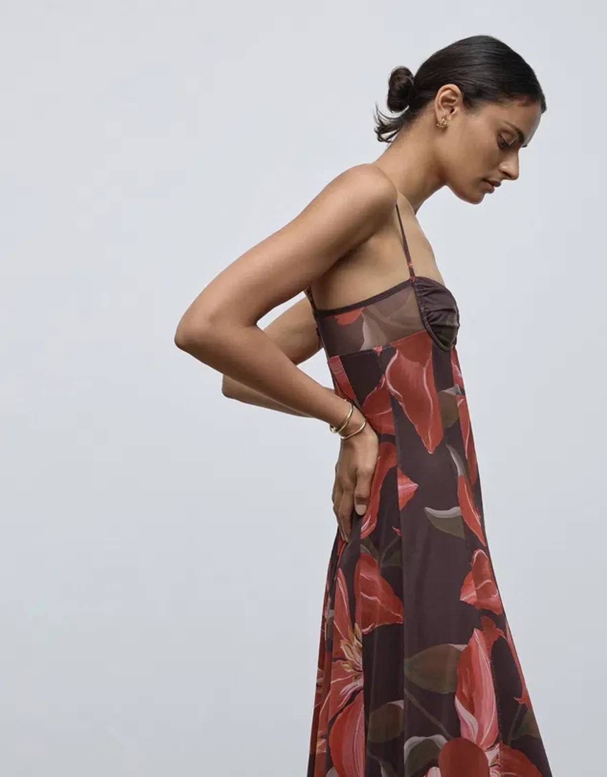 Lover Cleo Bustier Mesh Maxi Dress Chocolate Watercolour Hibiscus Size AU 6 - Image 2