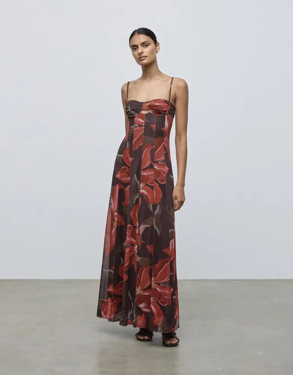 Lover Cleo Bustier Mesh Maxi Dress Chocolate Watercolour Hibiscus Size AU 6 - Image 1