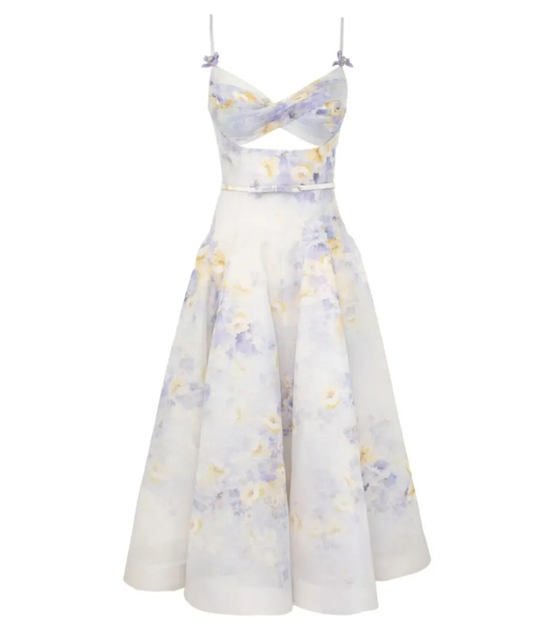 Zimmermann Crush Twist Front Midi Dress Lilac Floral Size AU 10 for rent on The Volte - main image