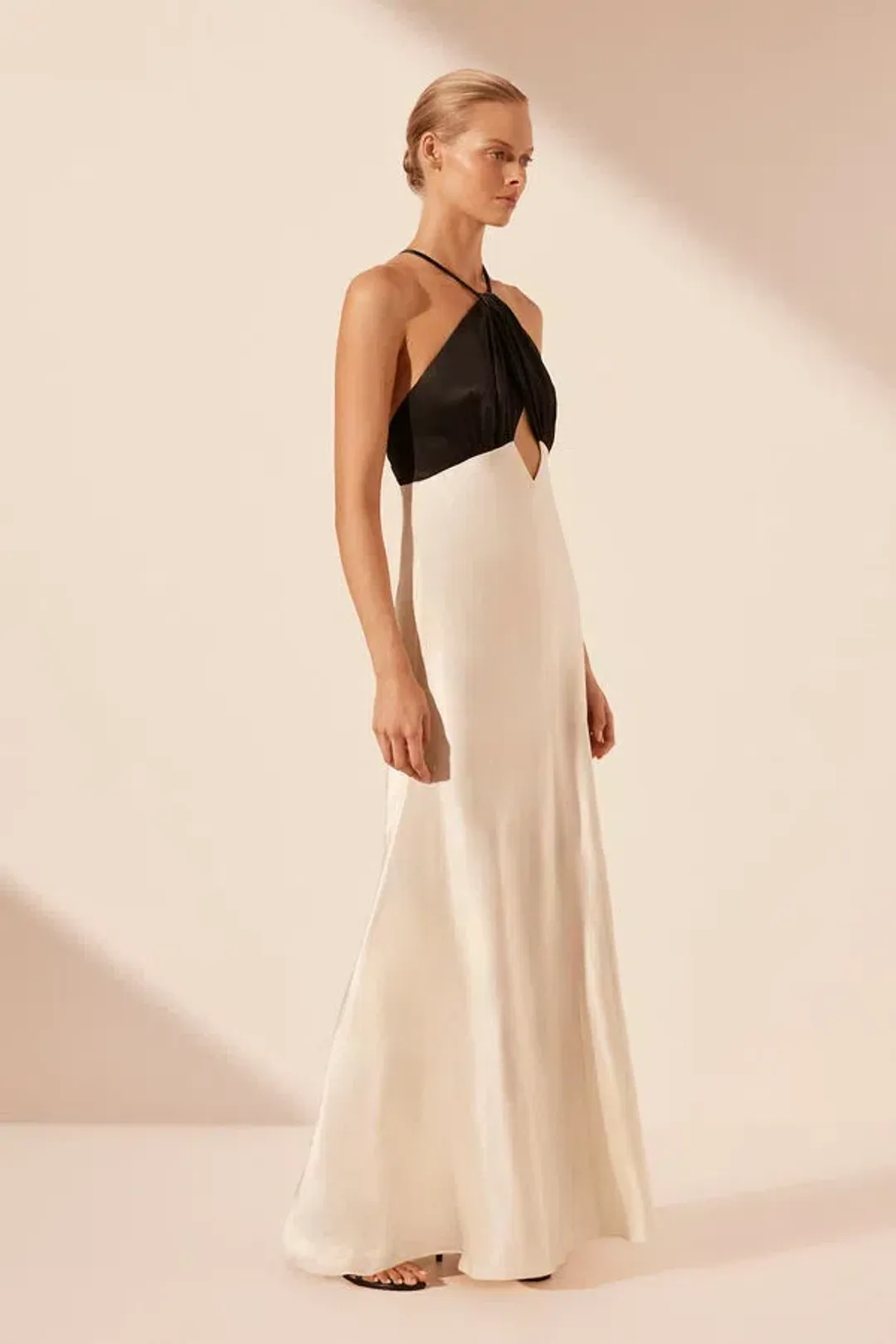 Shona Joy Lino Cross Back Halter Maxi Dress Cream Black Size 6 for rent on The Volte - main image