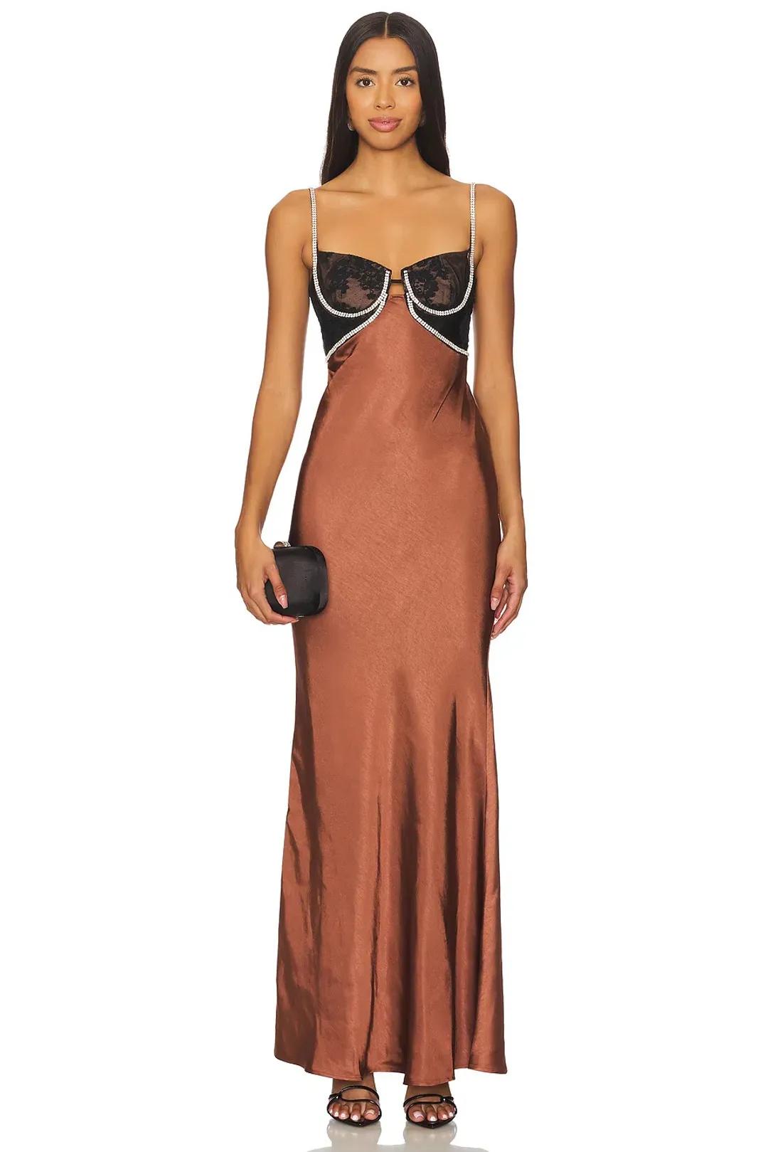 Self-Portrait Satin Diamante Maxi Dress Brown Size 8 for rent on The Volte - main image