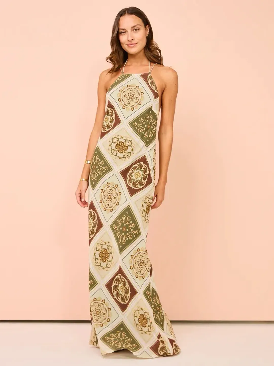 Hansen and Gretel Pagan Slip Dress Evergreen Tile Size AU 8 for rent on The Volte - main image