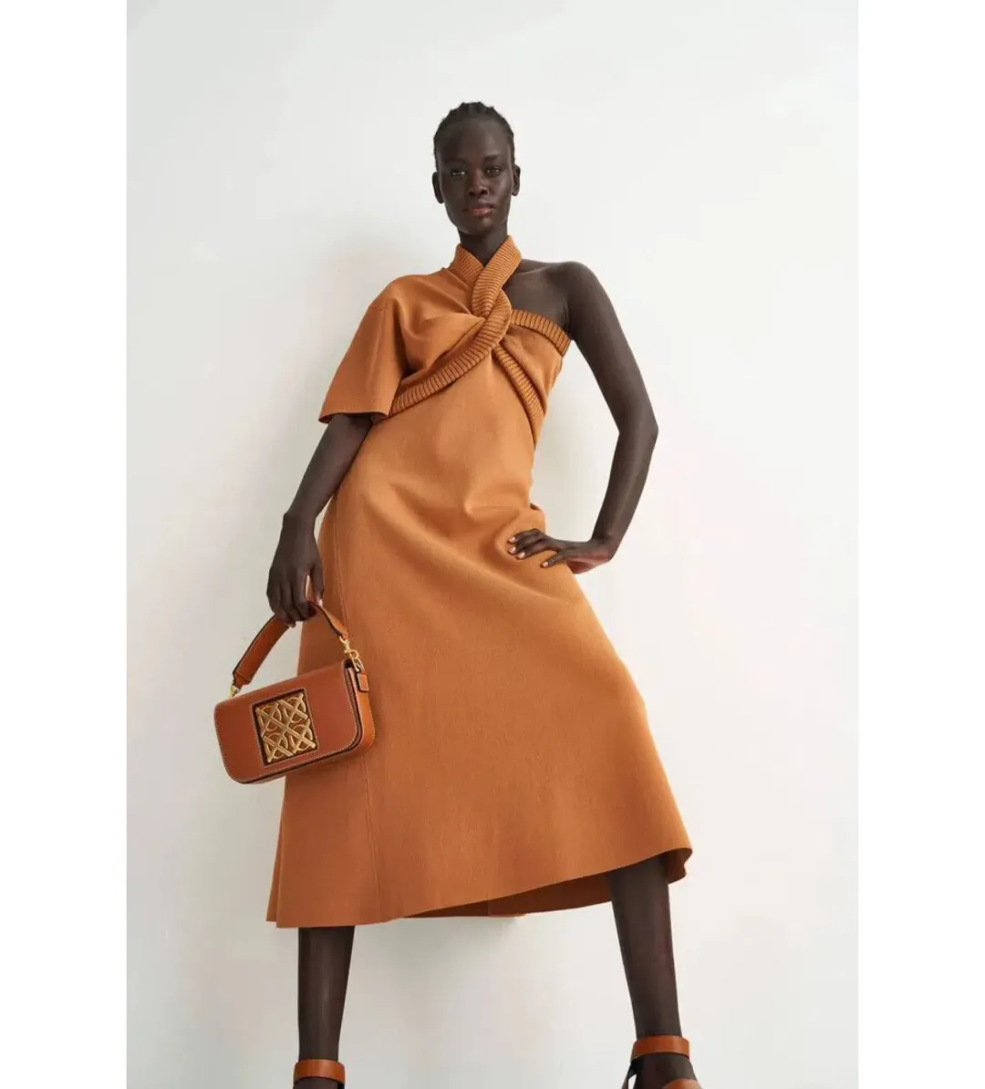  Oroton Asymptomatic Knit One Shoulder Midi Dress Toffee Size XS/AU 6 for rent on The Volte - main image