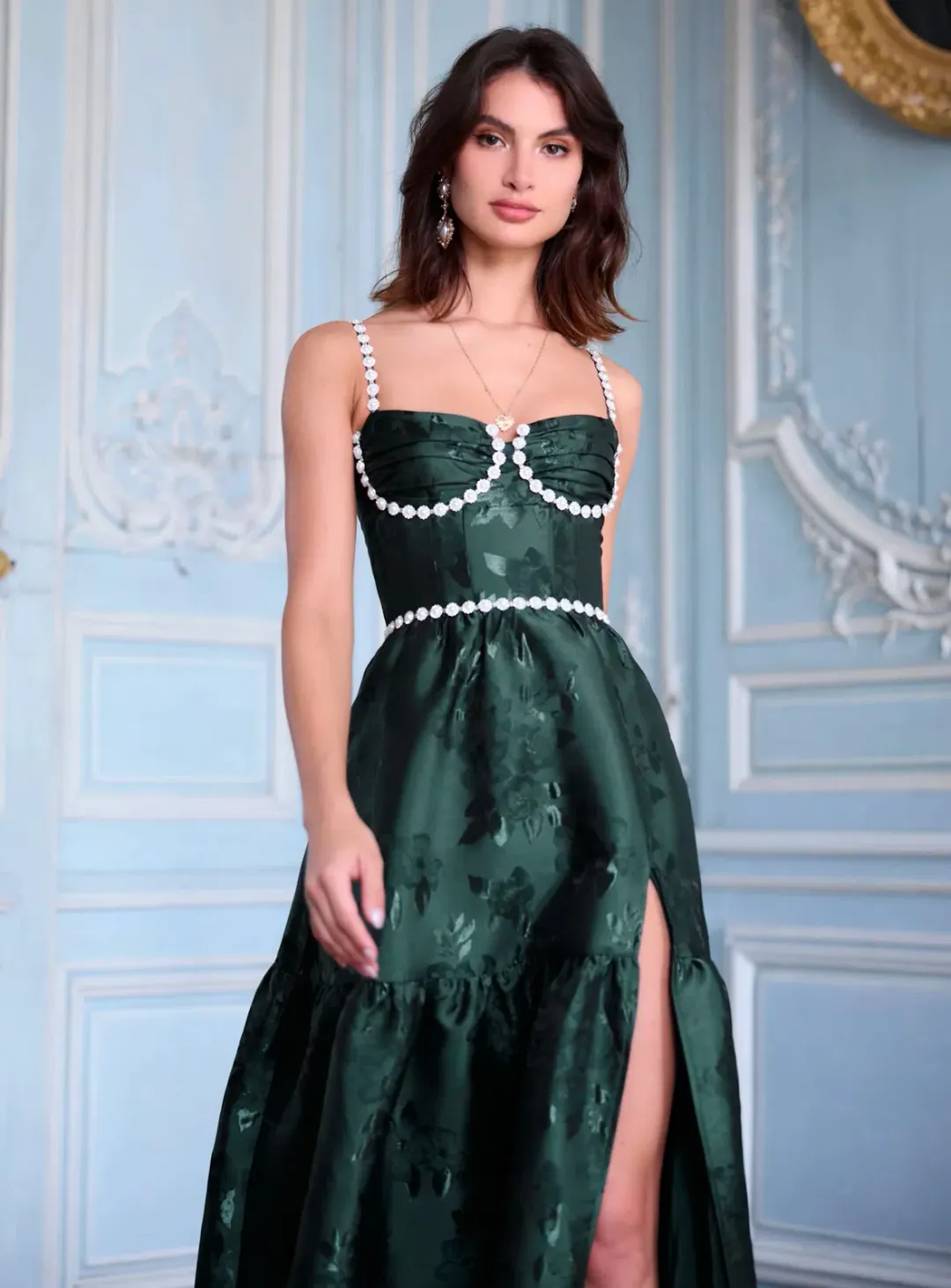 V Chapman Lucetta Dress in Emerald Baroque Floral Size 8 for rent on The Volte - main image