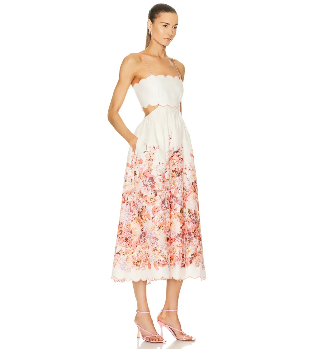 Zimmermann Devi Scallop Midi Dress Cream Floral in Size 3 / AU 14 for rent on The Volte - main image