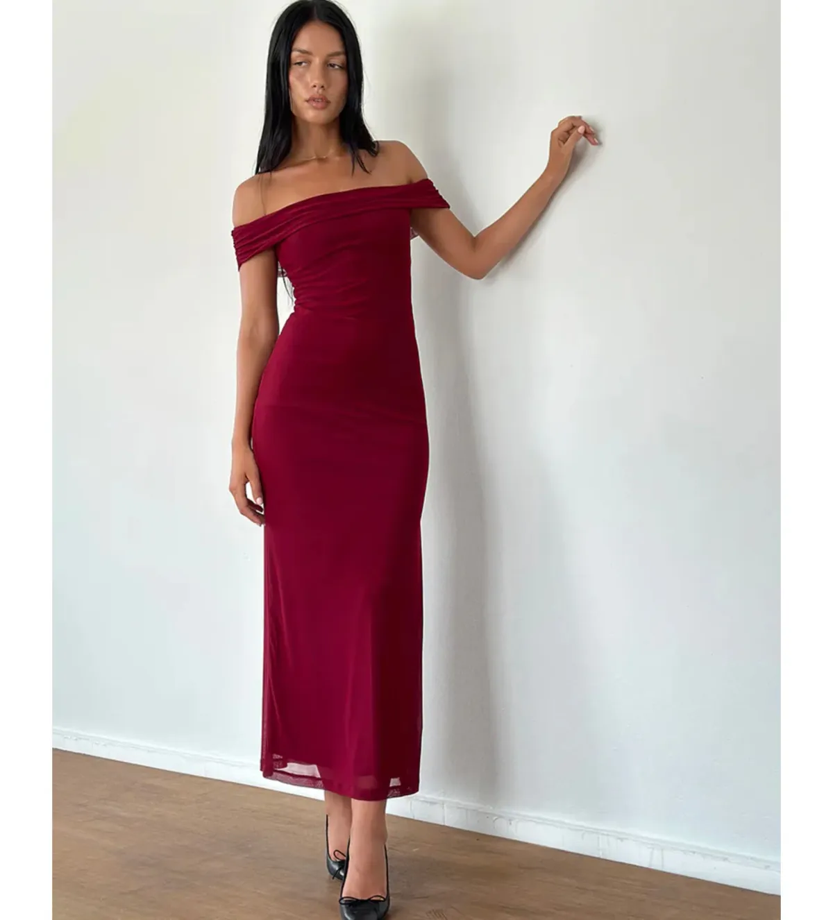 Motel Rocks Tarna Bardot Mesh Maxi Dress in Burgundy Size S / AU 10  - Image 2