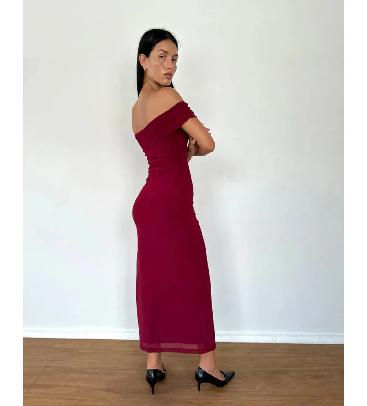 Motel Rocks Tarna Bardot Mesh Maxi Dress in Burgundy Size S / AU 10  - Image 3