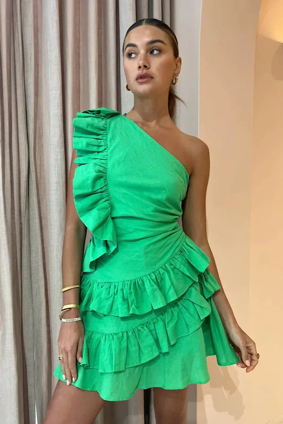 By Nicola Adrift Frill Mini Dress Green Size 8 for rent on The Volte - main image