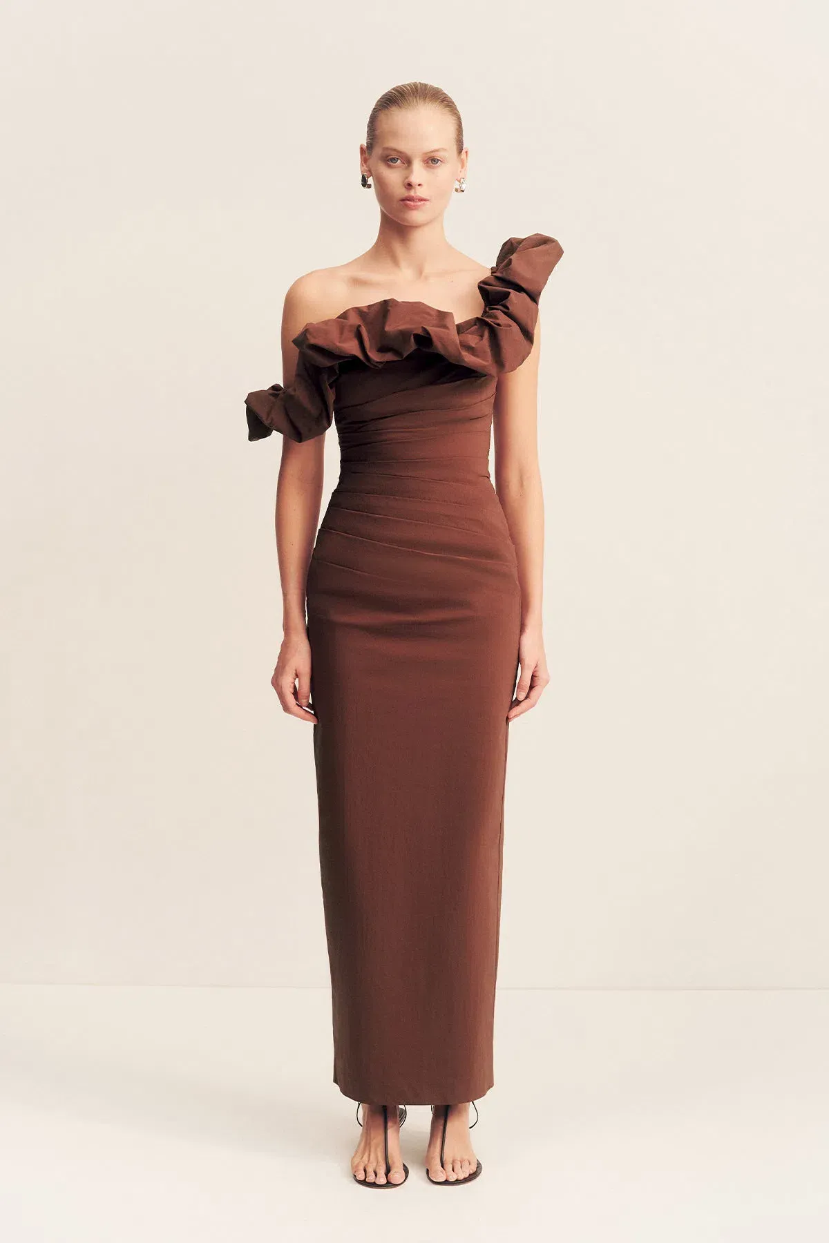 Shona Joy Campbell Ruffle Draped Maxi Dress in Espresso Size 14 - Image 1