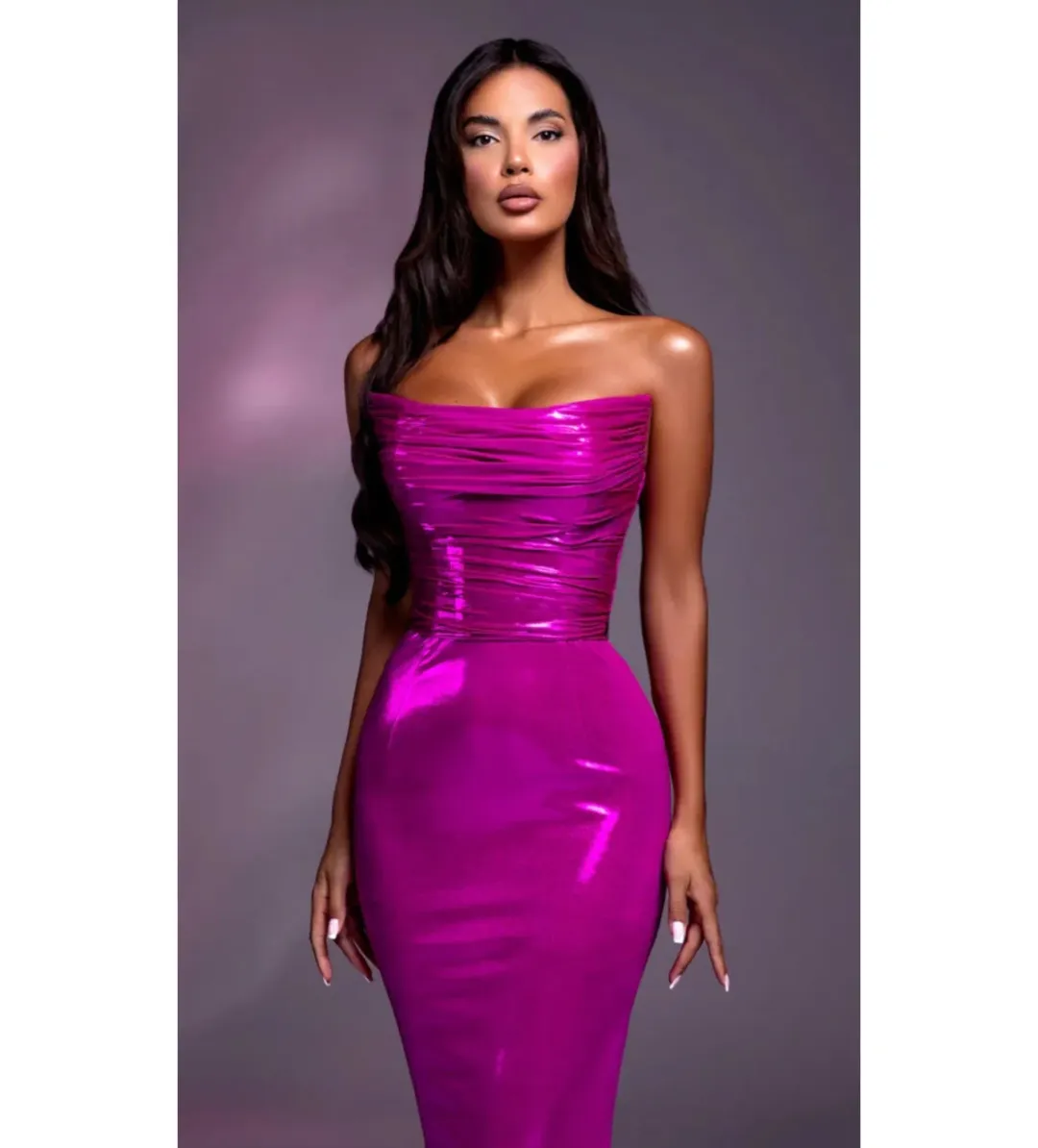 Diba Celina Ela Strapless With Ruched Bodice Maxi Dress Fuschia Size 6 for rent on The Volte - main image