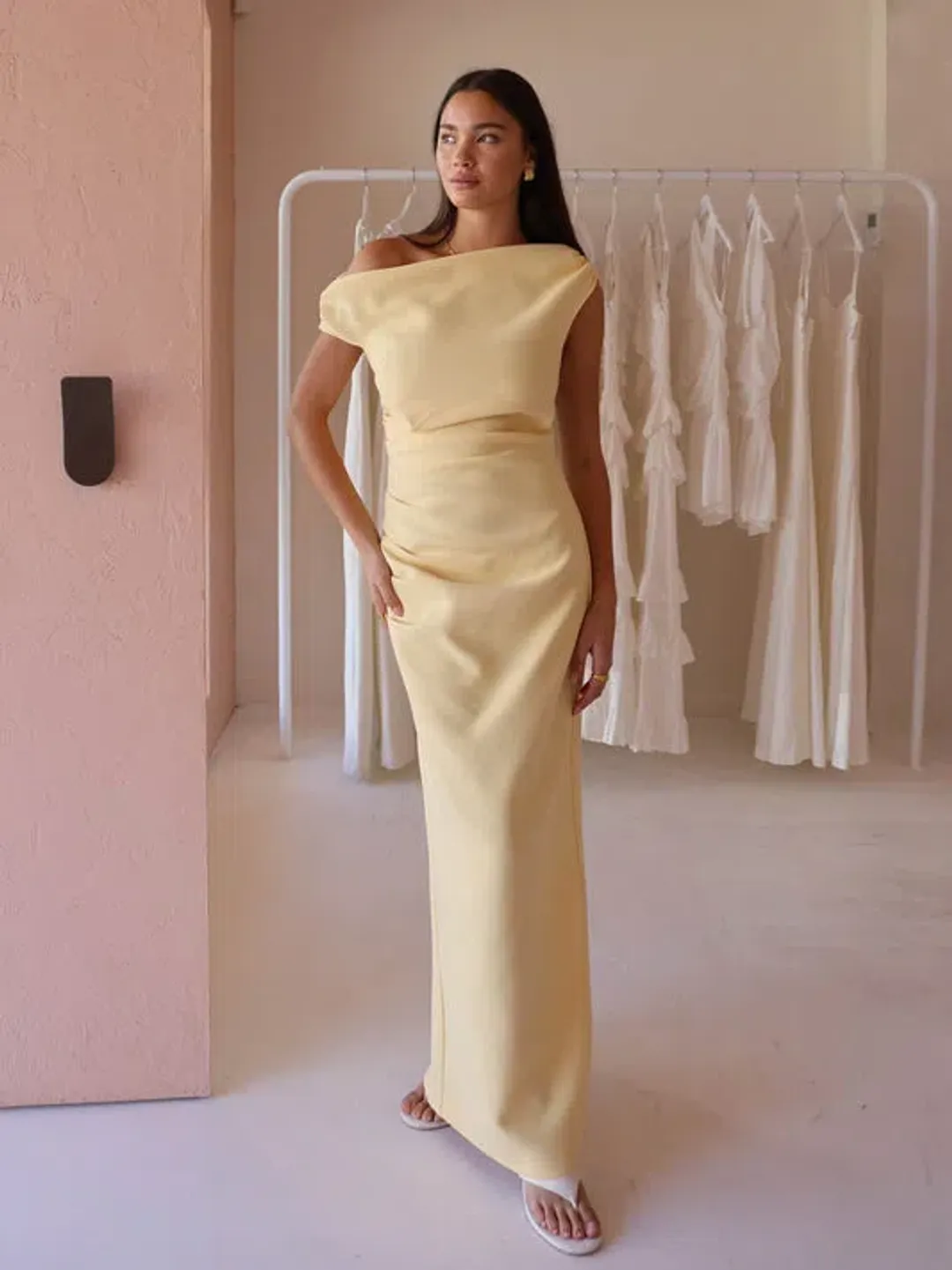 By Nicola Vivian Crepe Maxi Dress in Lemon Yellow Size 14 for rent on The Volte - main image