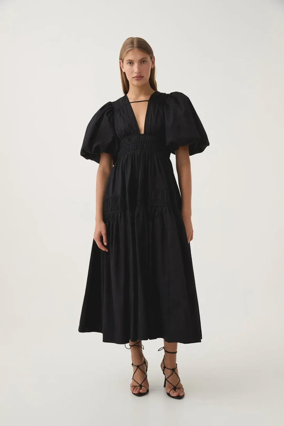 Aje Fallingwater Ruched Midi Dress Black Size 8 for rent on The Volte - main image