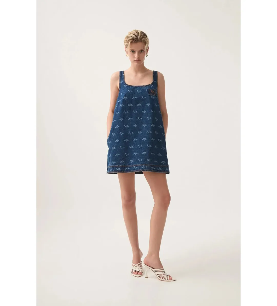 Aje Ratio Logo Denim Mini Dress Blue Print Size AU 6 for rent on The Volte - main image