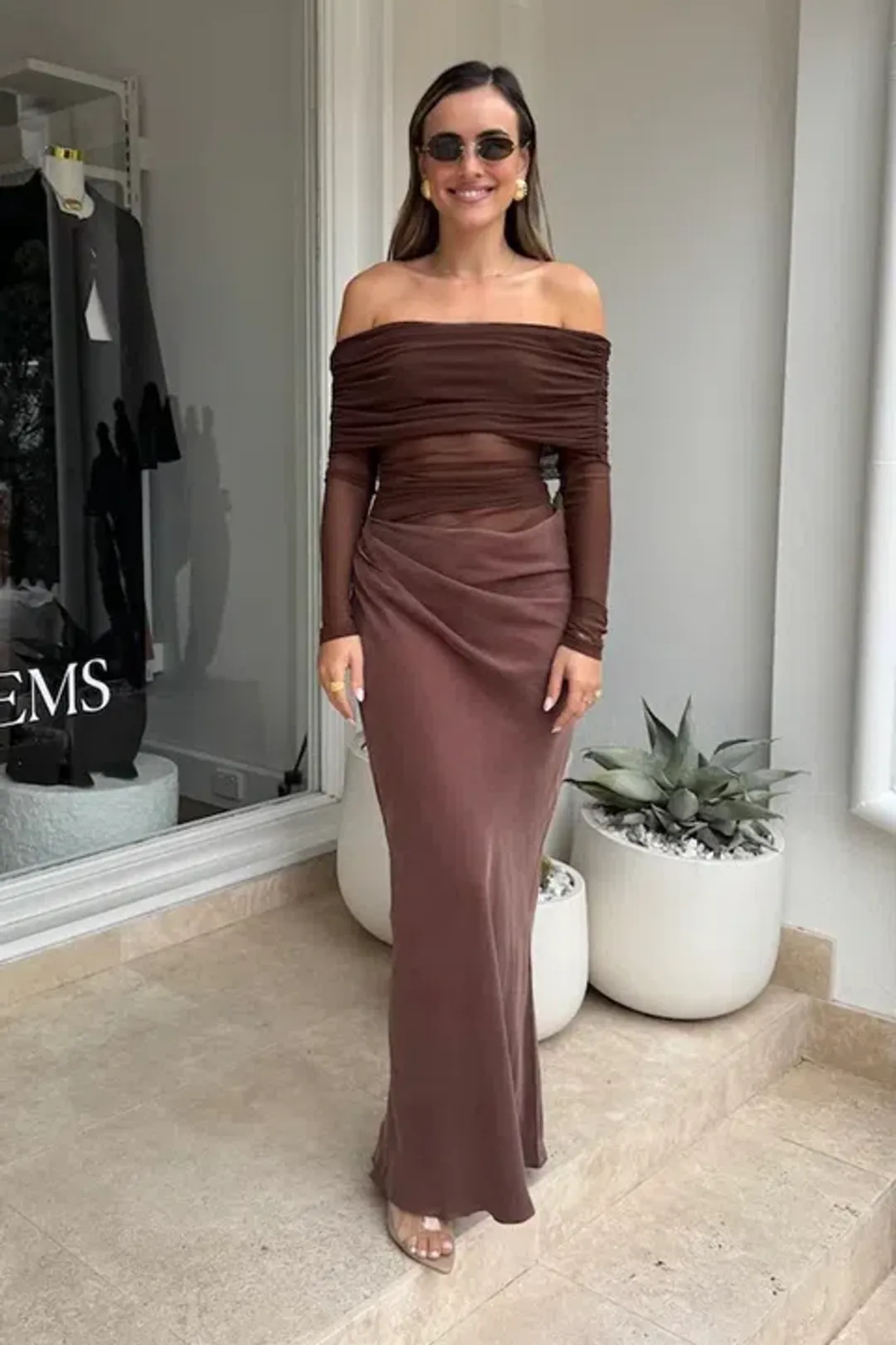 Benni Yasmin Off Shoulder Dress Chocolate Size 8 for rent on The Volte - main image