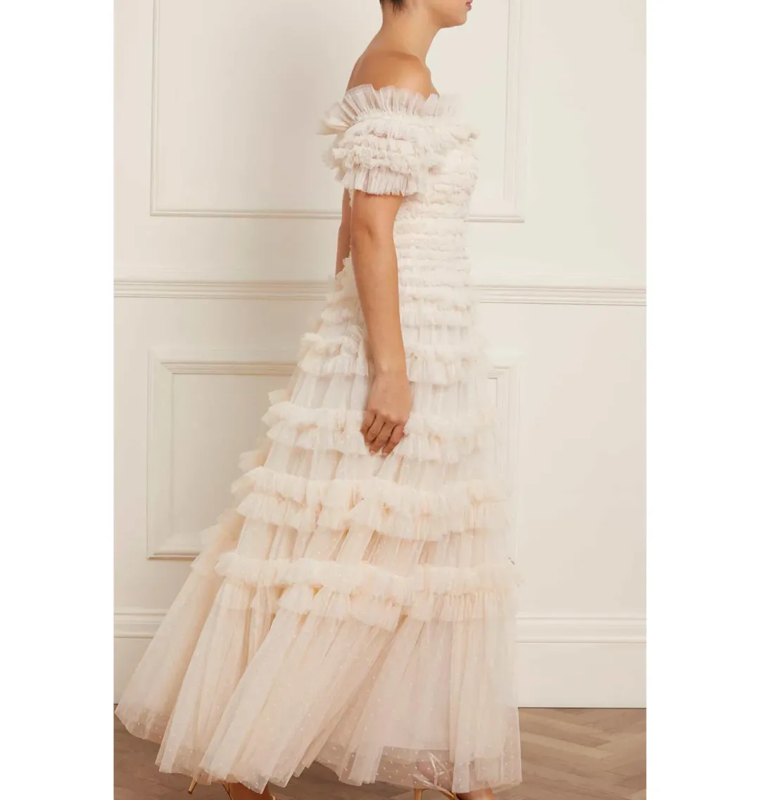 Needle and Thread Lisette Ruffle Off Shoulder Gown Champagne Size 6 for rent on The Volte - main image