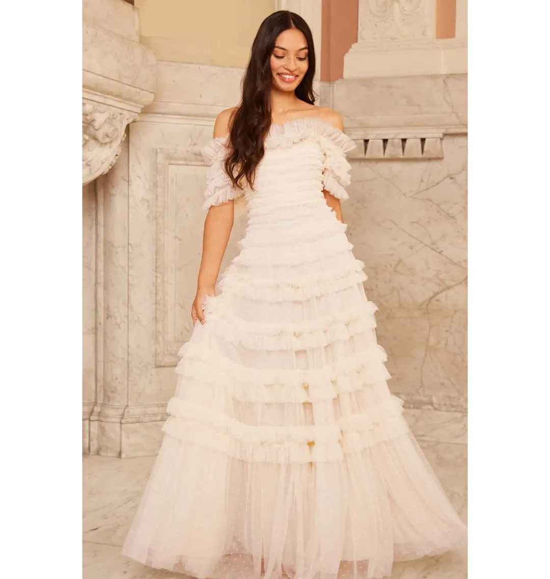 Needle and Thread Lisette Ruffle Off Shoulder Gown Champagne Size 6 for rent on The Volte - main image