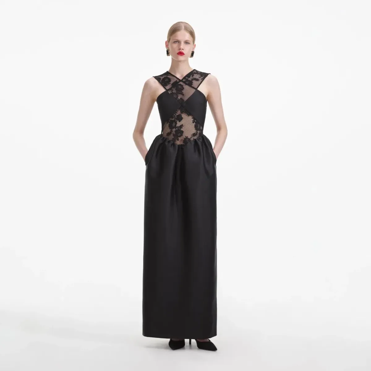 Self-Portrait Lace-trim Taffeta Maxi Dress in Black Size 8 - Image 2