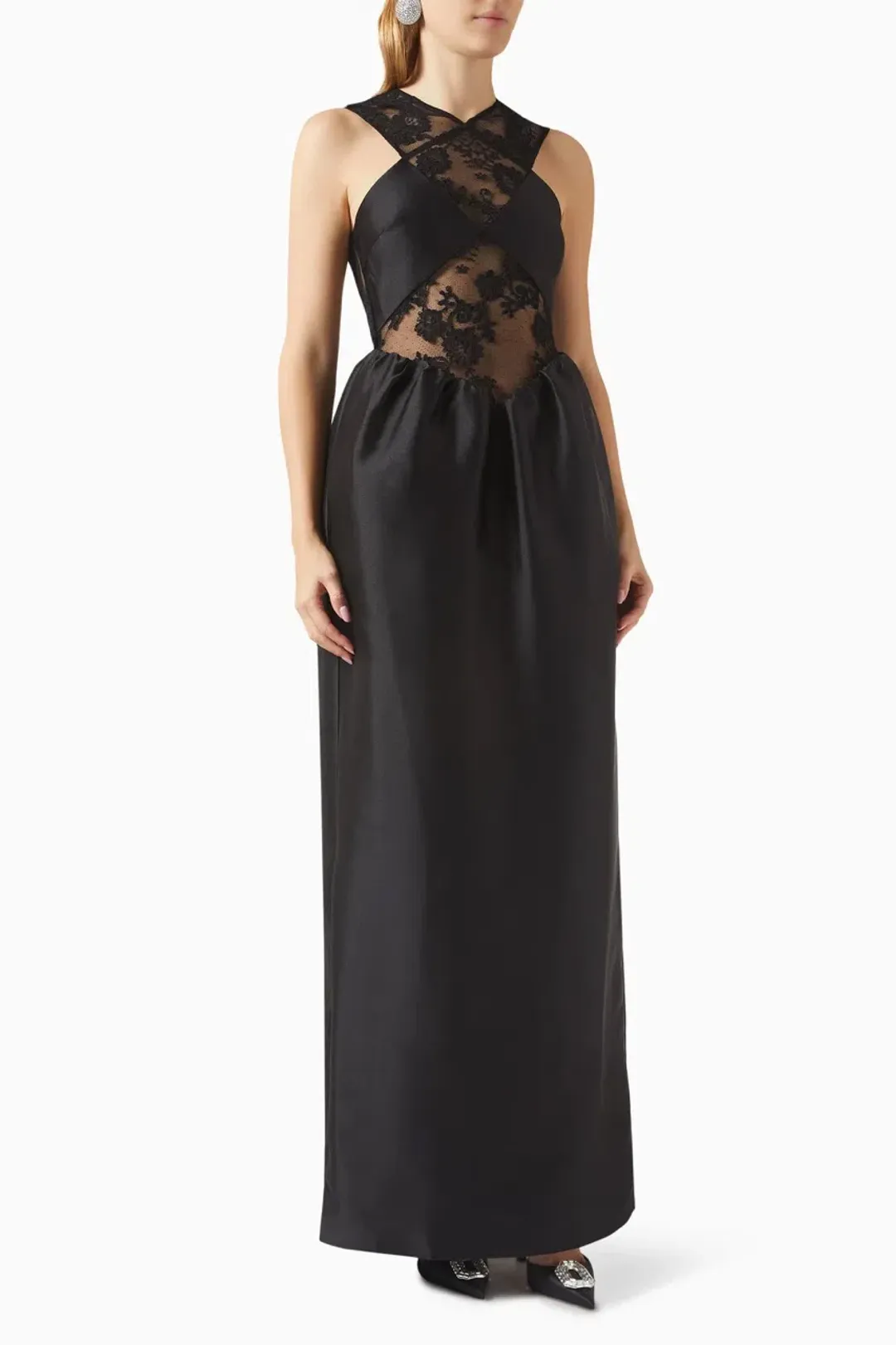 Self-Portrait Lace-trim Taffeta Maxi Dress in Black Size 8 for rent on The Volte - main image