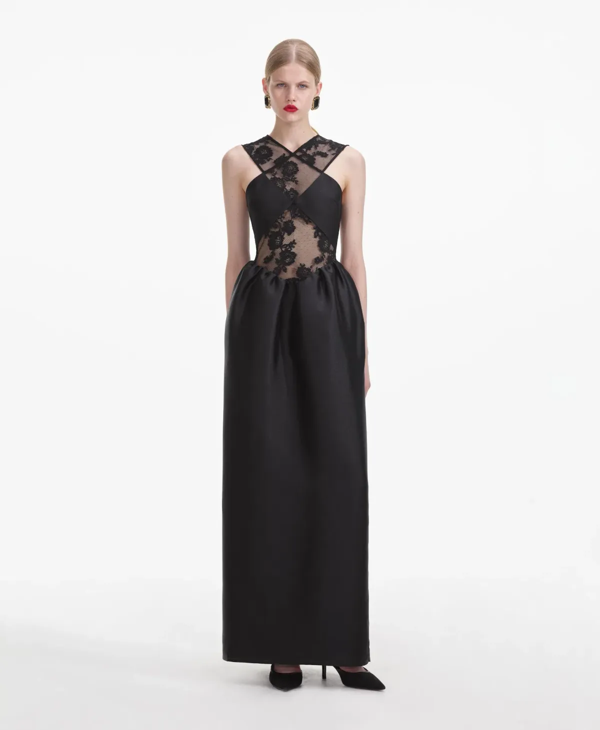 Self-Portrait Lace-trim Taffeta Maxi Dress in Black Size 8 - Image 1