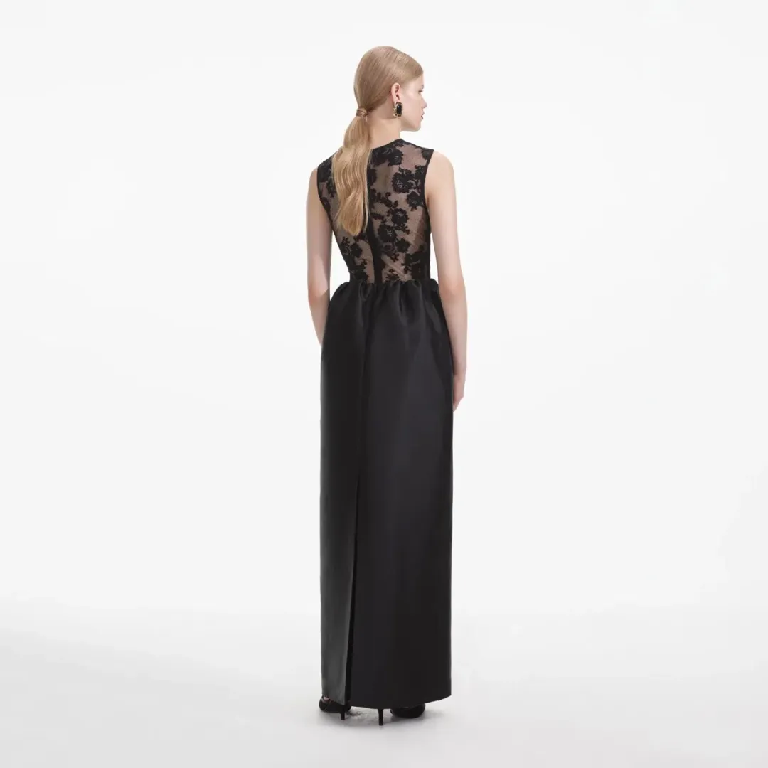 Self-Portrait Lace-trim Taffeta Maxi Dress in Black Size 8 for rent on The Volte - main image