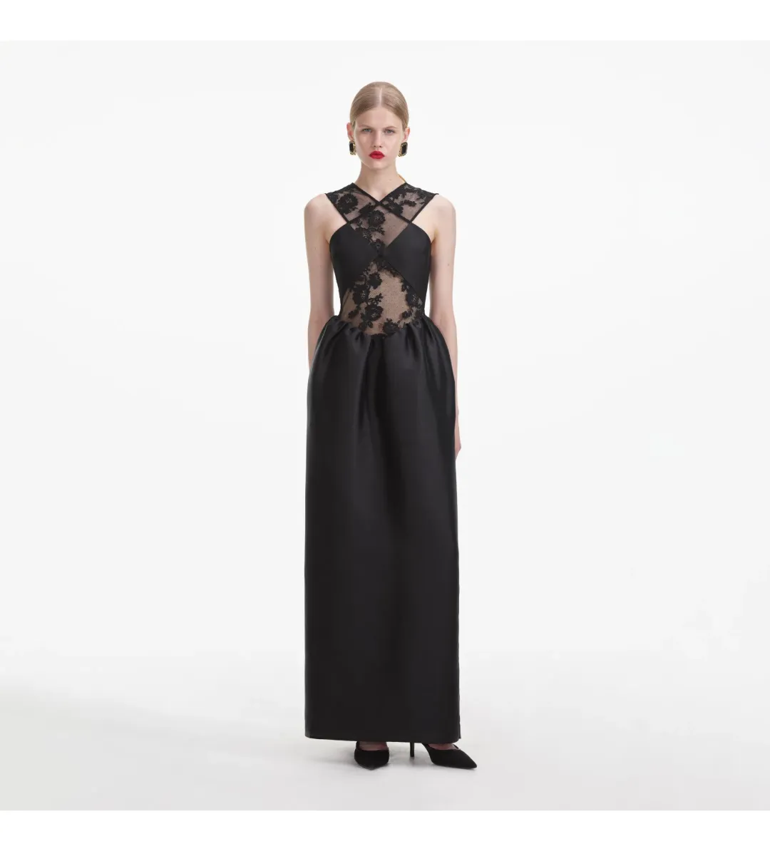 Self Portrait Lace Taffeta Maxi Dress in Black Size 12 for rent on The Volte - main image