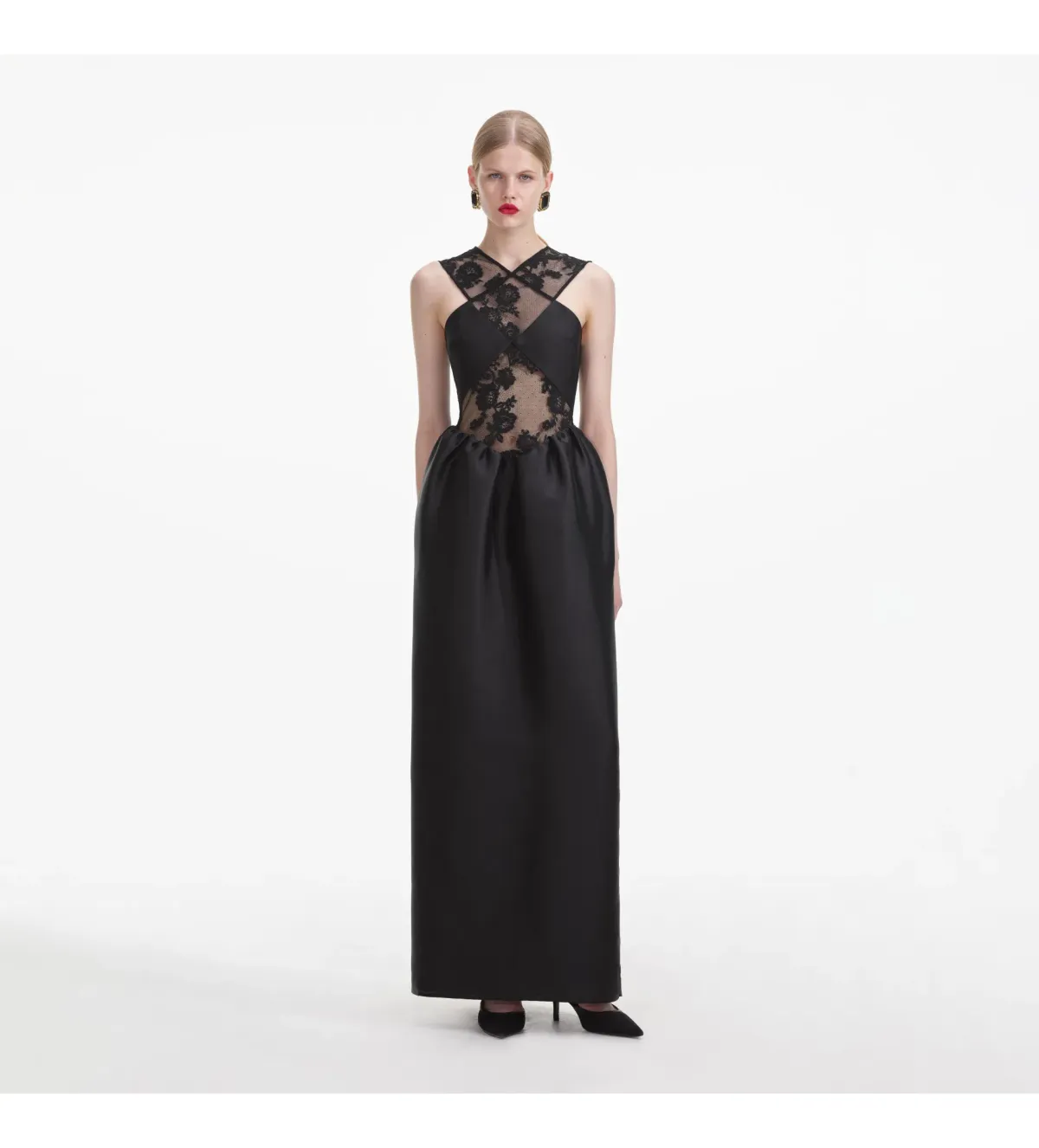 Self Portrait Lace Taffeta Maxi Dress in Black Size 12 - Image 1